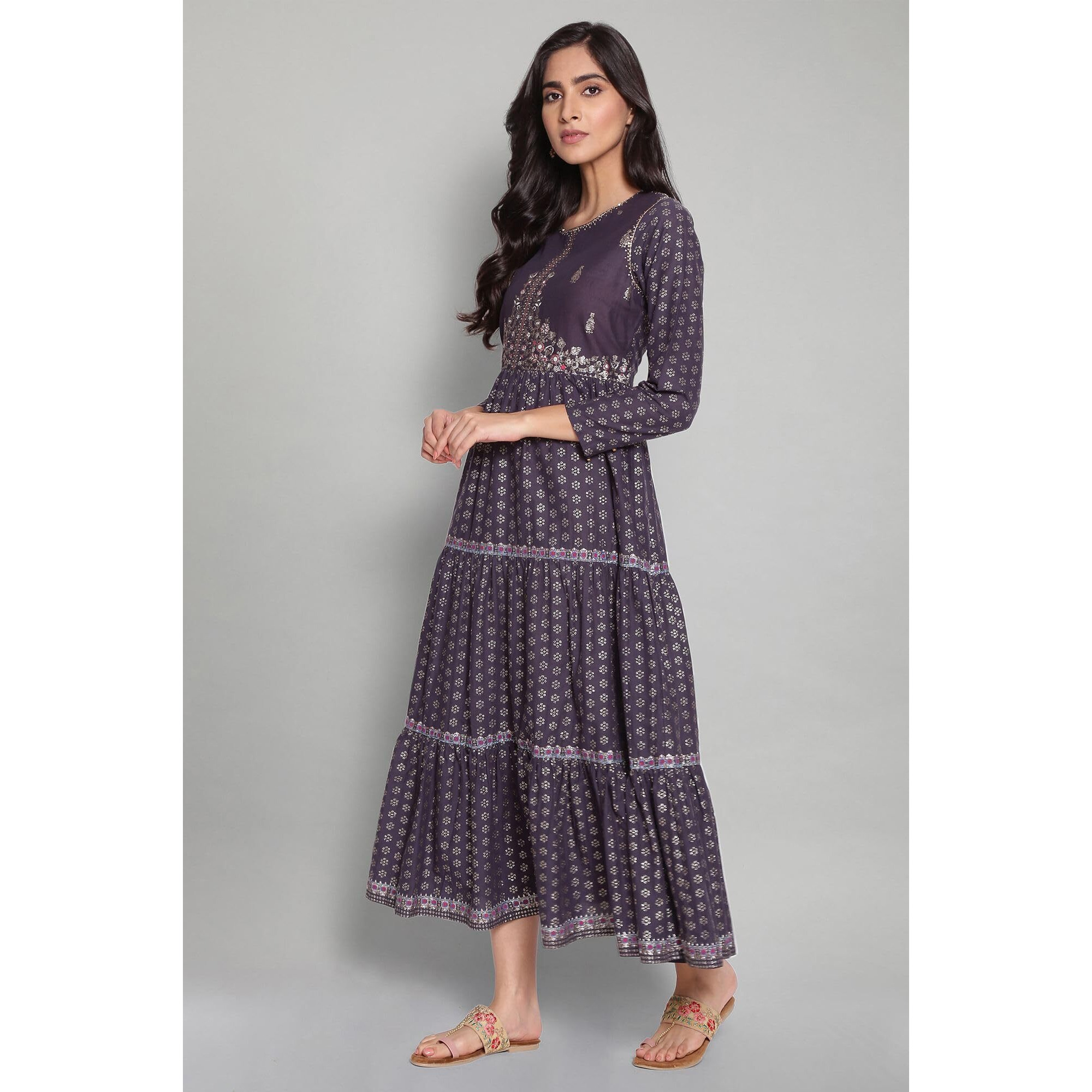 W For Woman Navy Blue Printed Dress With Embroidery_21Auw14040-115132_Xs