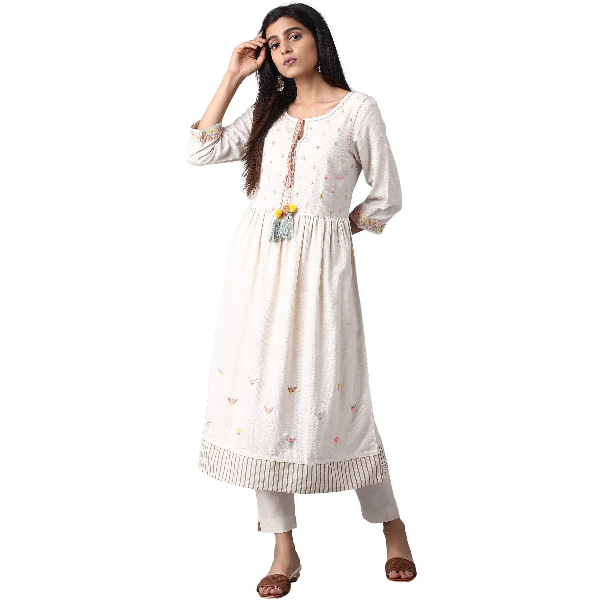 W For Woman Rayon A-Line Dress (20Few12952-212912_Ecru_6 (X-Small))
