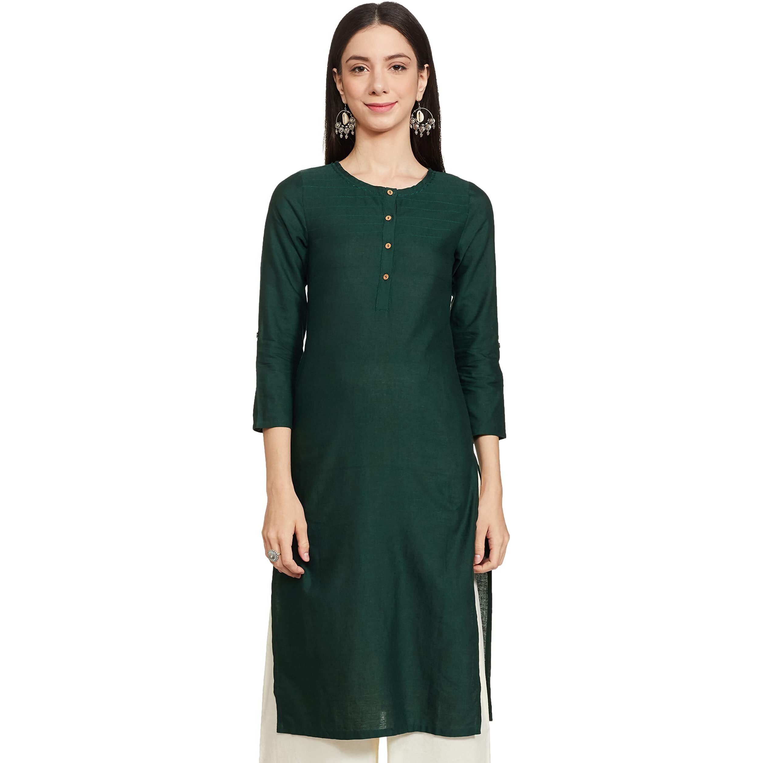 W For Woman Cotton Green Solid Round Neck Straight Kurta_21Few13783-213745_Xs