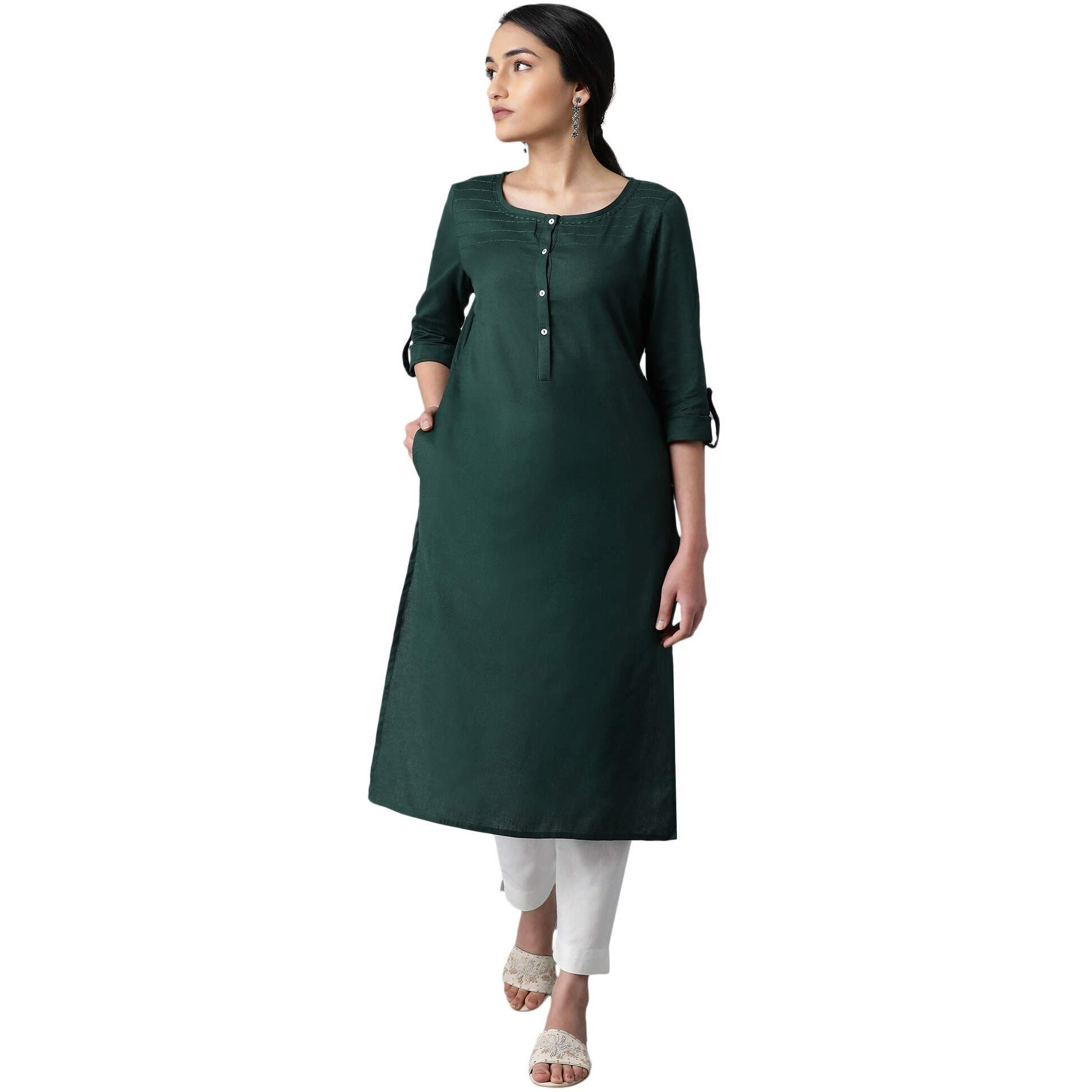 W For Woman Cotton Green Solid Round Neck Straight Kurta_21Few13783-213745_Xs