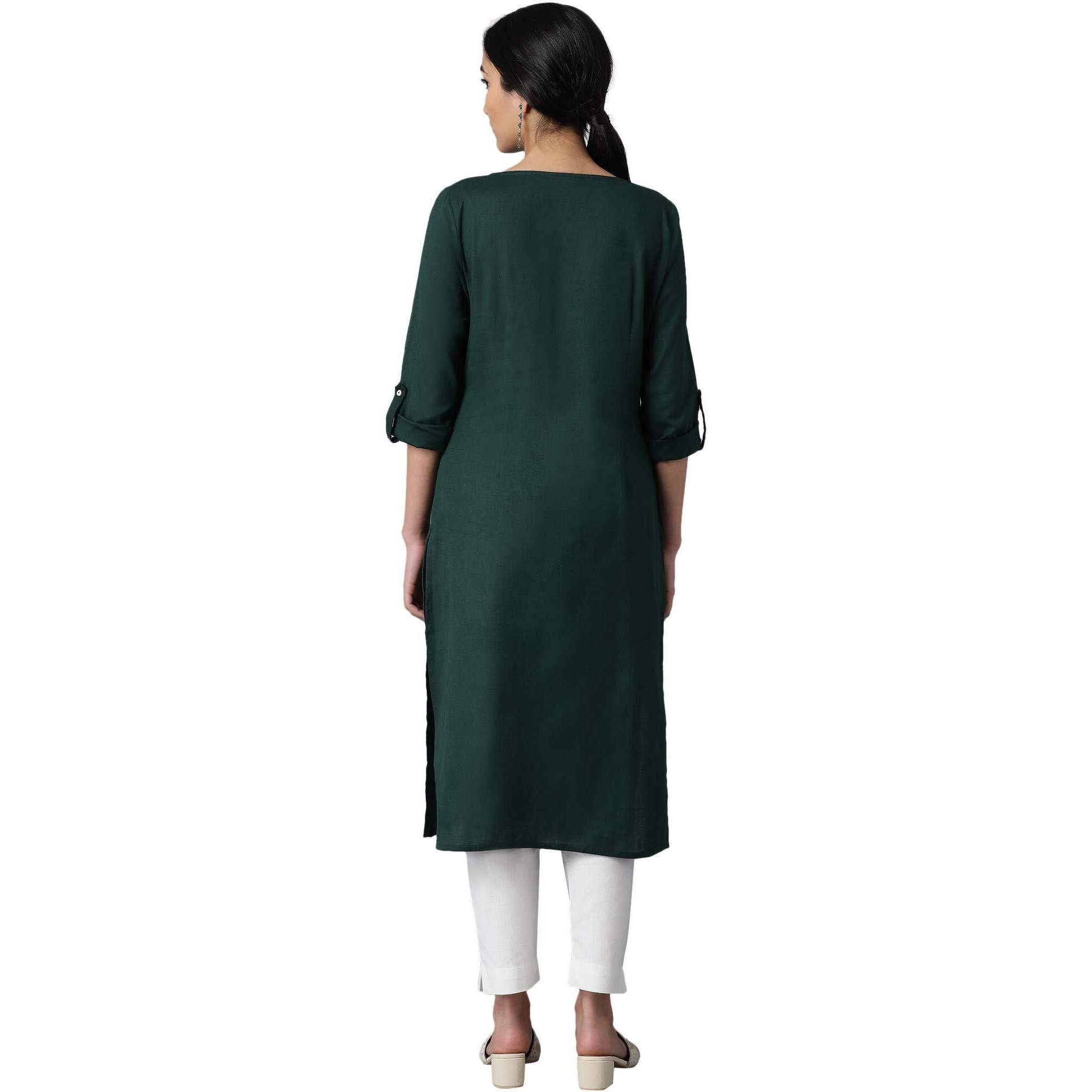 W For Woman Cotton Green Solid Round Neck Straight Kurta_21Few13783-213745_Xs