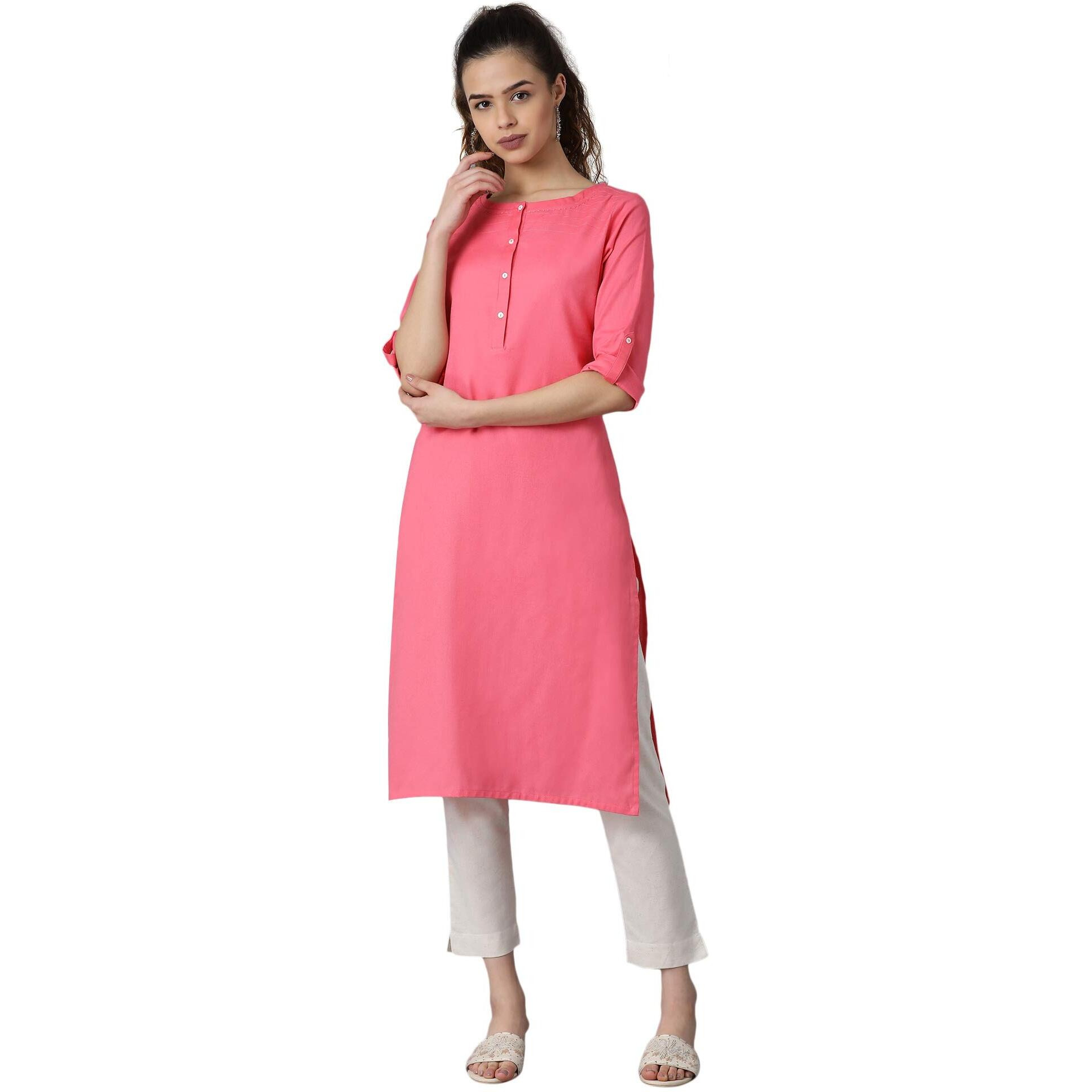 W For Woman Yellow Solid Cotton Blend Regular Kurta With Threading