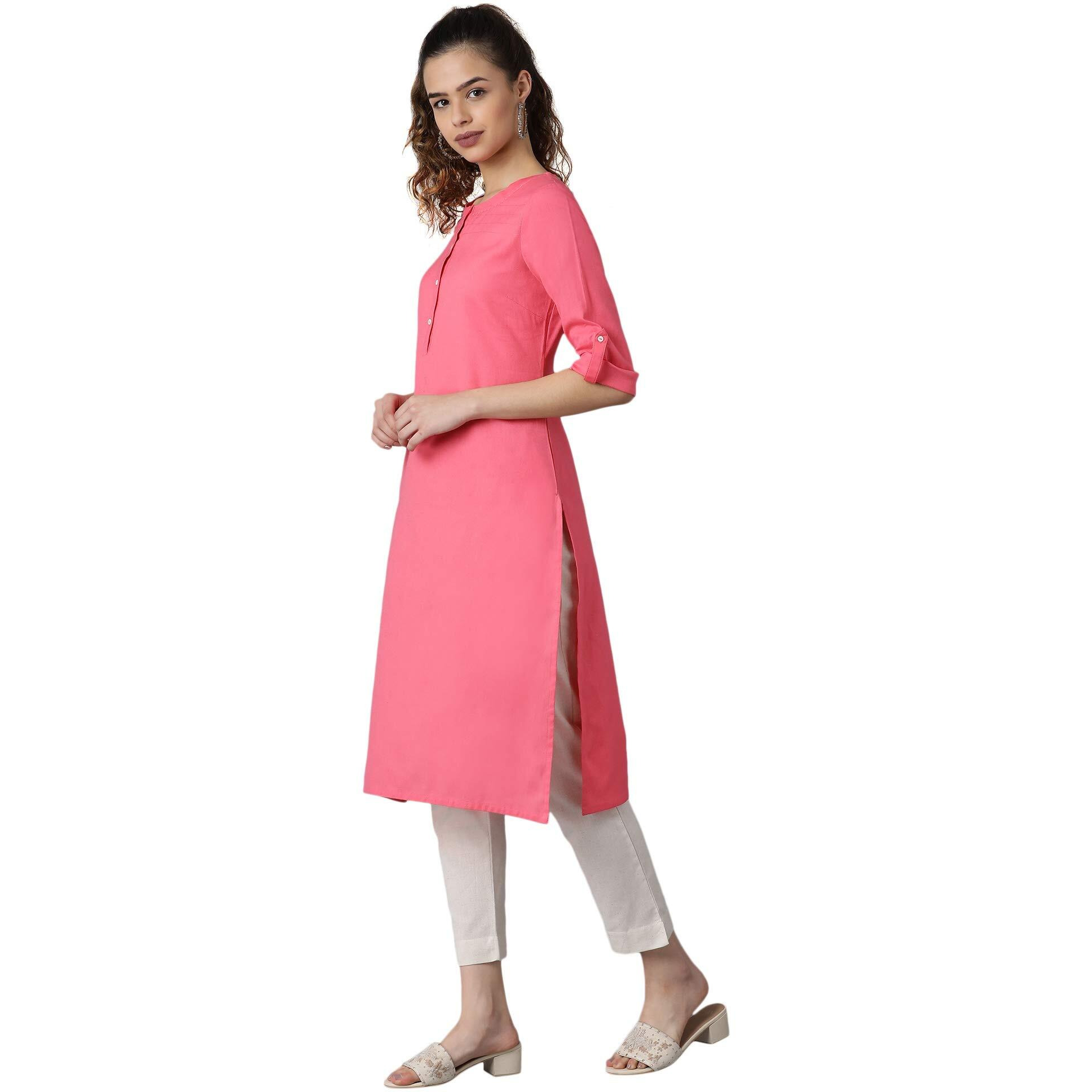 W For Woman Yellow Solid Cotton Blend Regular Kurta With Threading