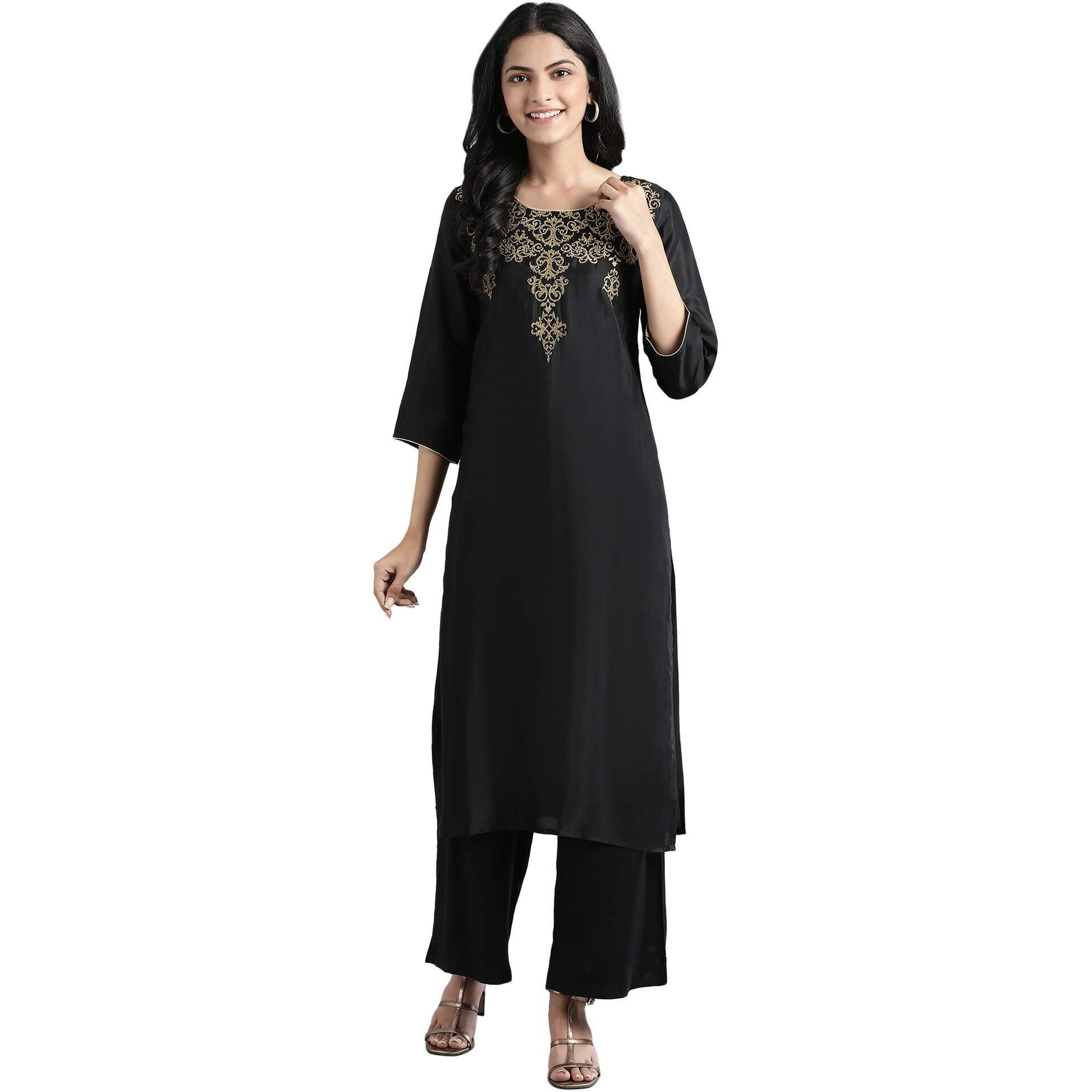 Aurelia Women's Rayon Straight Salwar Suit Set (20Feas11572-03494_Black_Small)