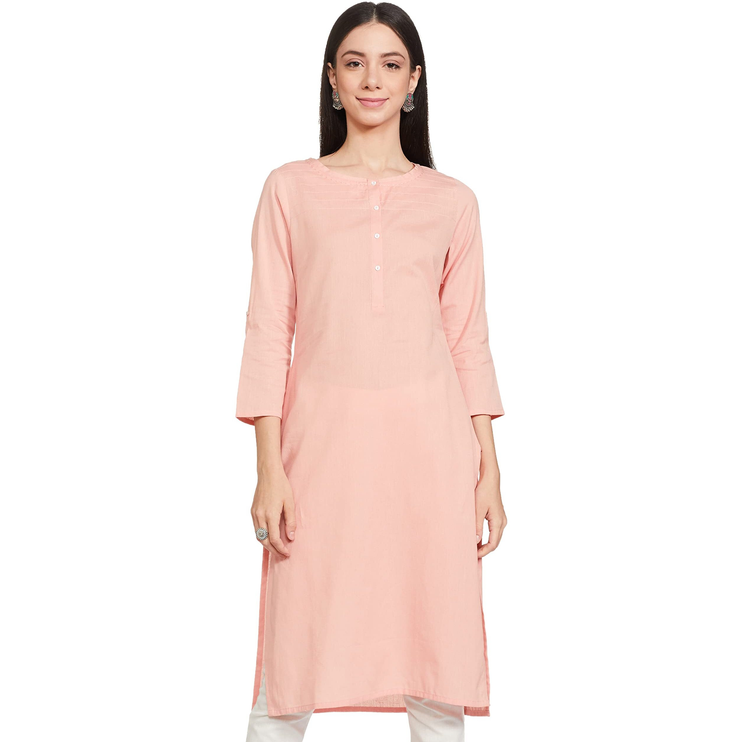 W Pink Solid Embroidered Regular Cotton Blend Kurta For Women