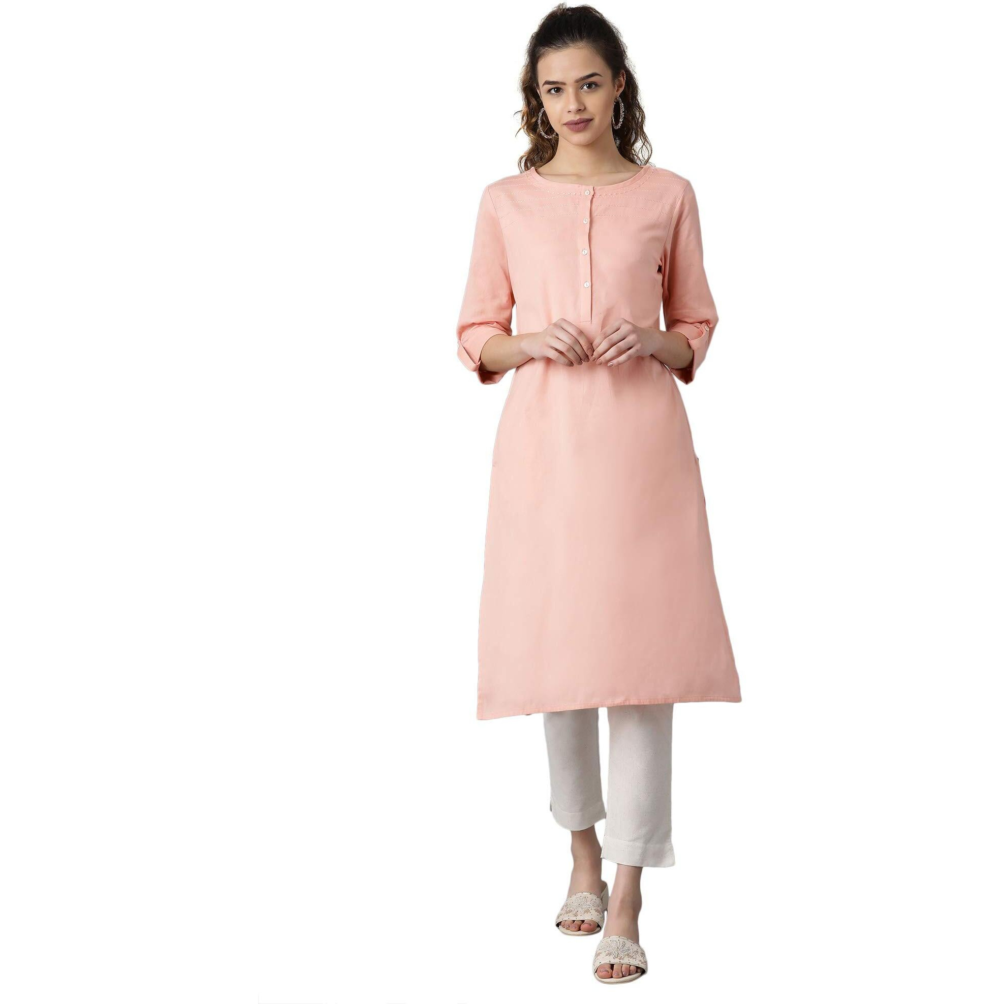 W Pink Solid Embroidered Regular Cotton Blend Kurta For Women