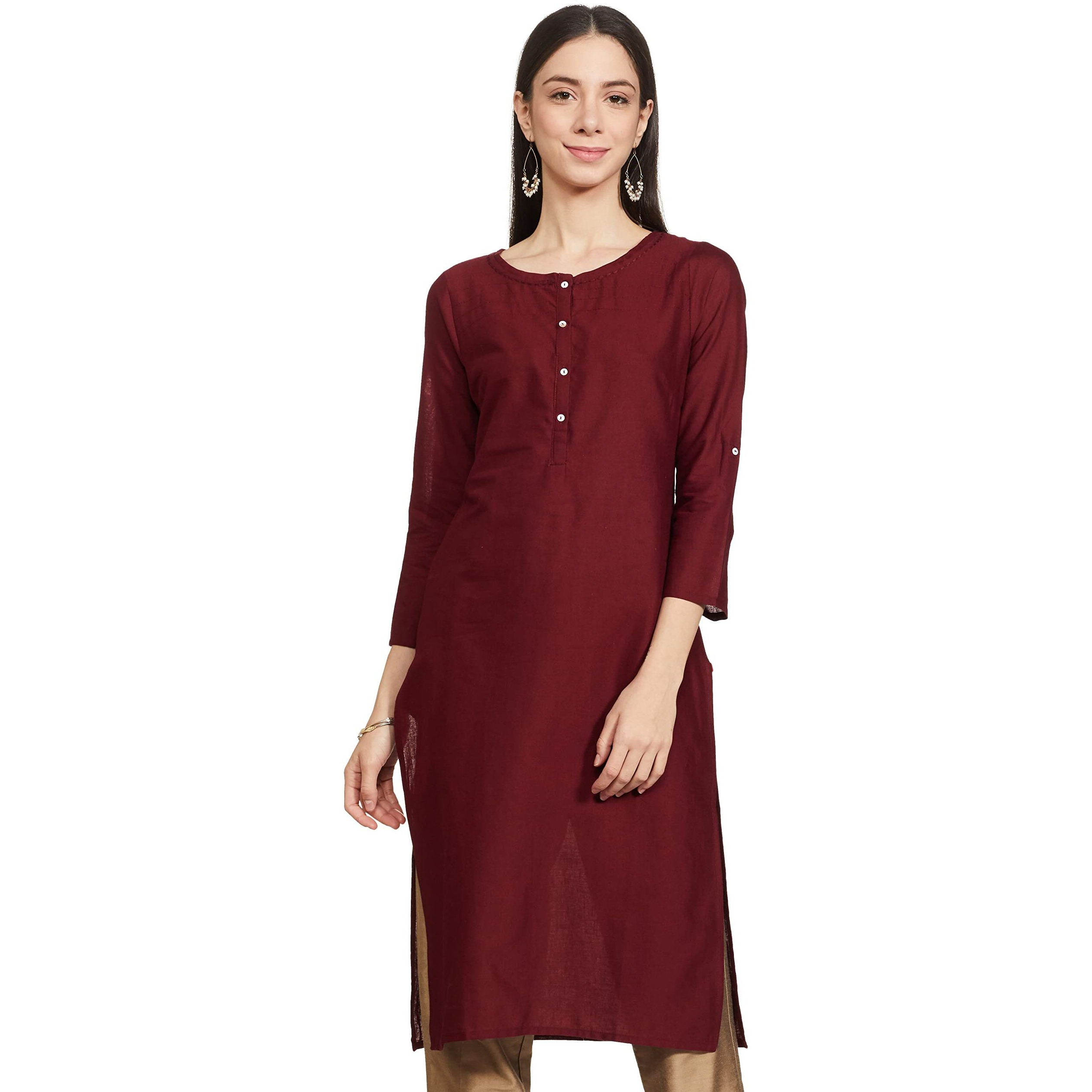 W For Woman Cotton Red Solid Round Neck Straight Kurta_21Few13783-211563_Xs