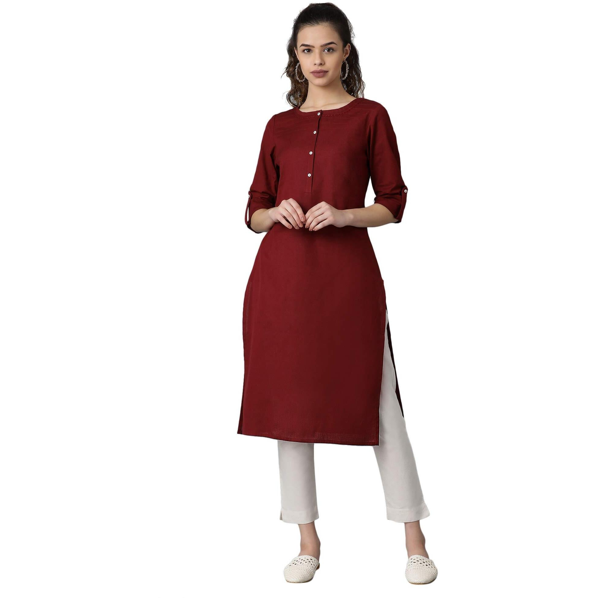 W For Woman Cotton Red Solid Round Neck Straight Kurta_21Few13783-211563_Xs