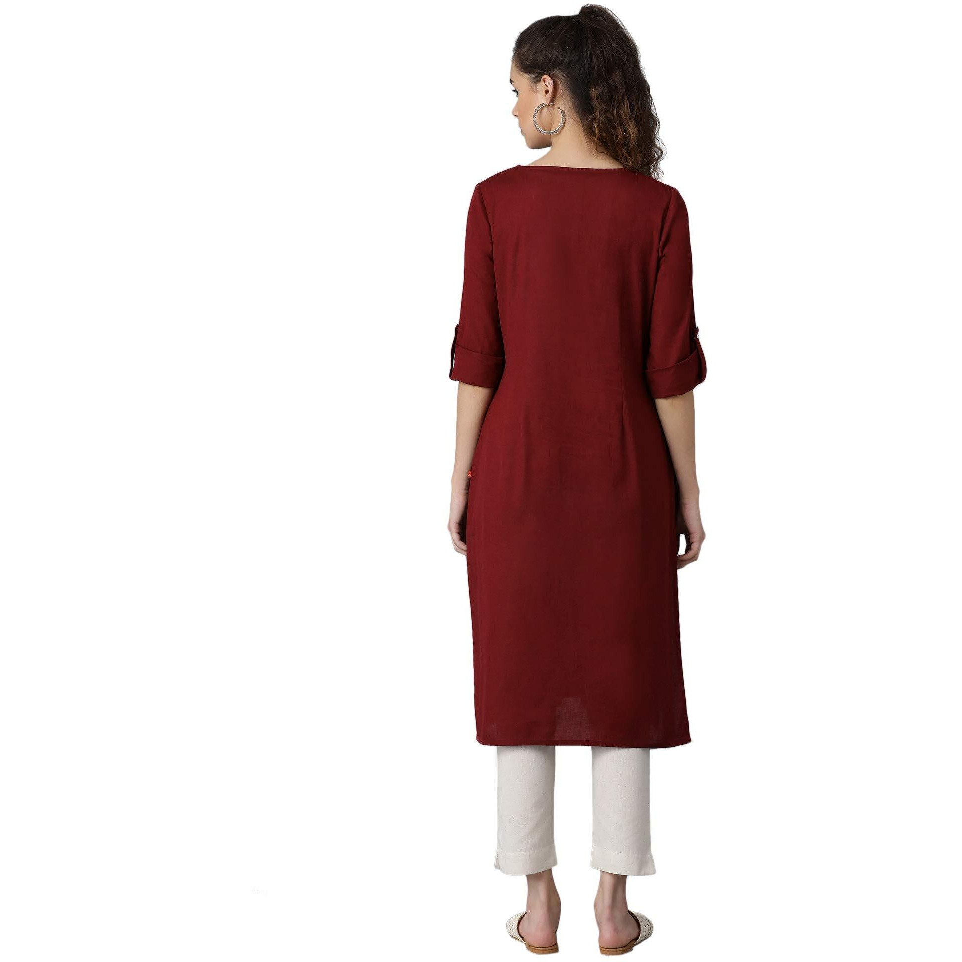 W For Woman Cotton Red Solid Round Neck Straight Kurta_21Few13783-211563_Xs