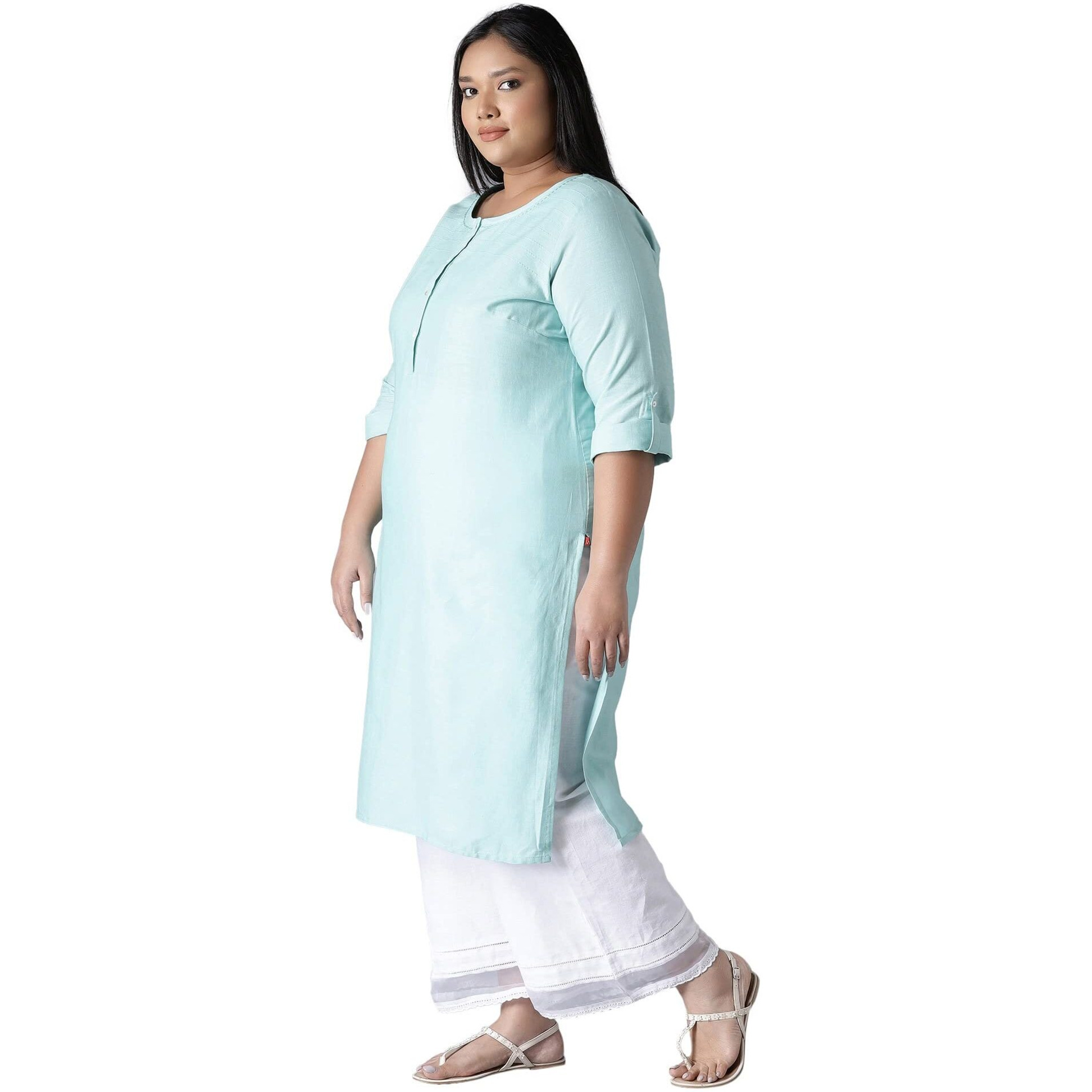W For Woman Blue Round Neck Solid Kurta_21Few13783-213747_S