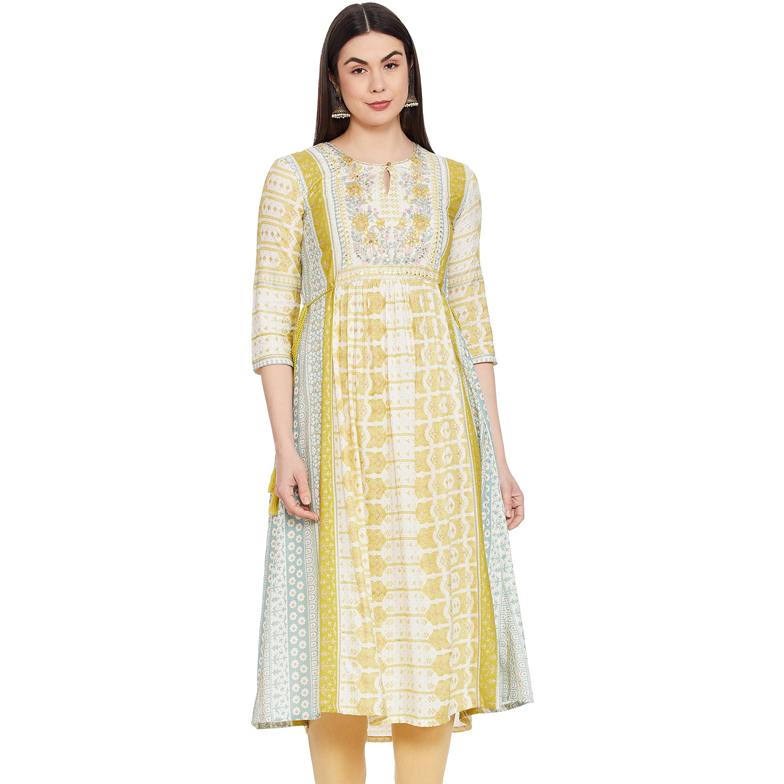 W For Woman Women's Viscose Ecru Gathered Dress With Soft Multi-Coloured Prints Below The Knee (21Auw13716-114683_Birch White_6)