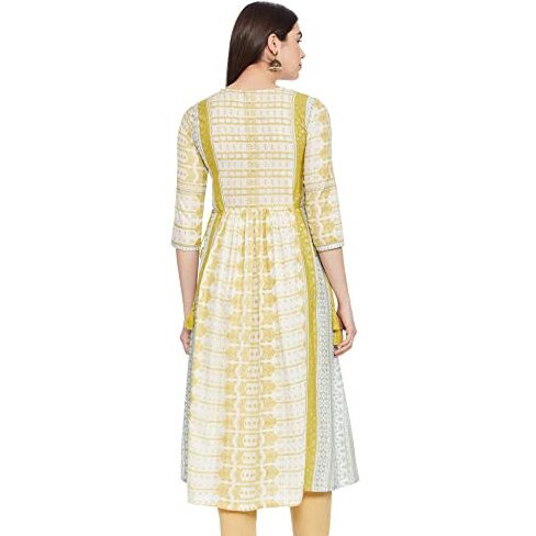 W For Woman Women's Viscose Ecru Gathered Dress With Soft Multi-Coloured Prints Below The Knee (21Auw13716-114683_Birch White_6)