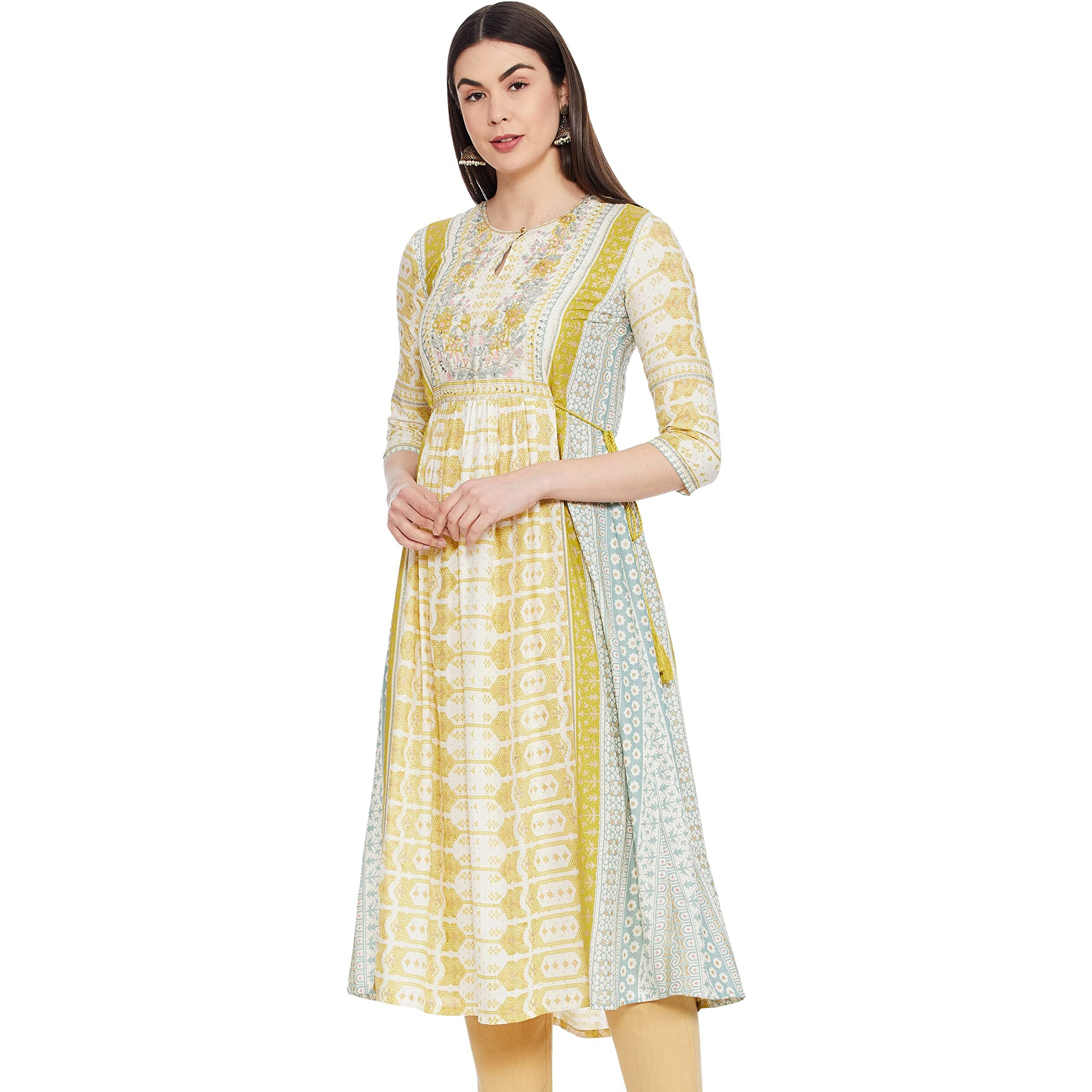 W For Woman Women's Viscose Ecru Gathered Dress With Soft Multi-Coloured Prints Below The Knee (21Auw13716-114683_Birch White_6)