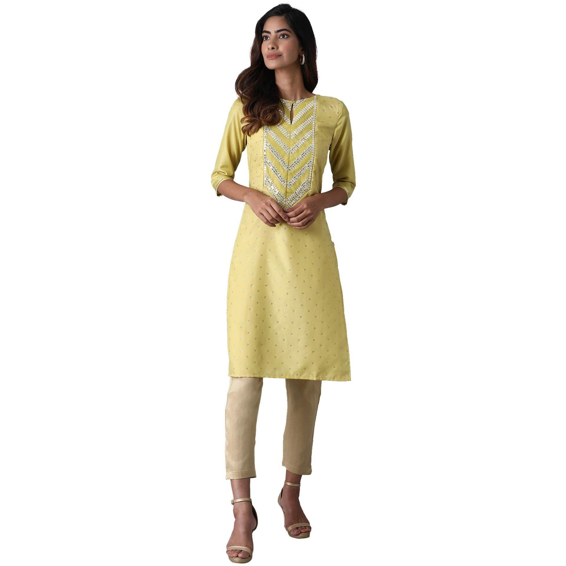 W For Woman Yellow Glitter Printed Kurta_20Auw14111-115578_2Xl