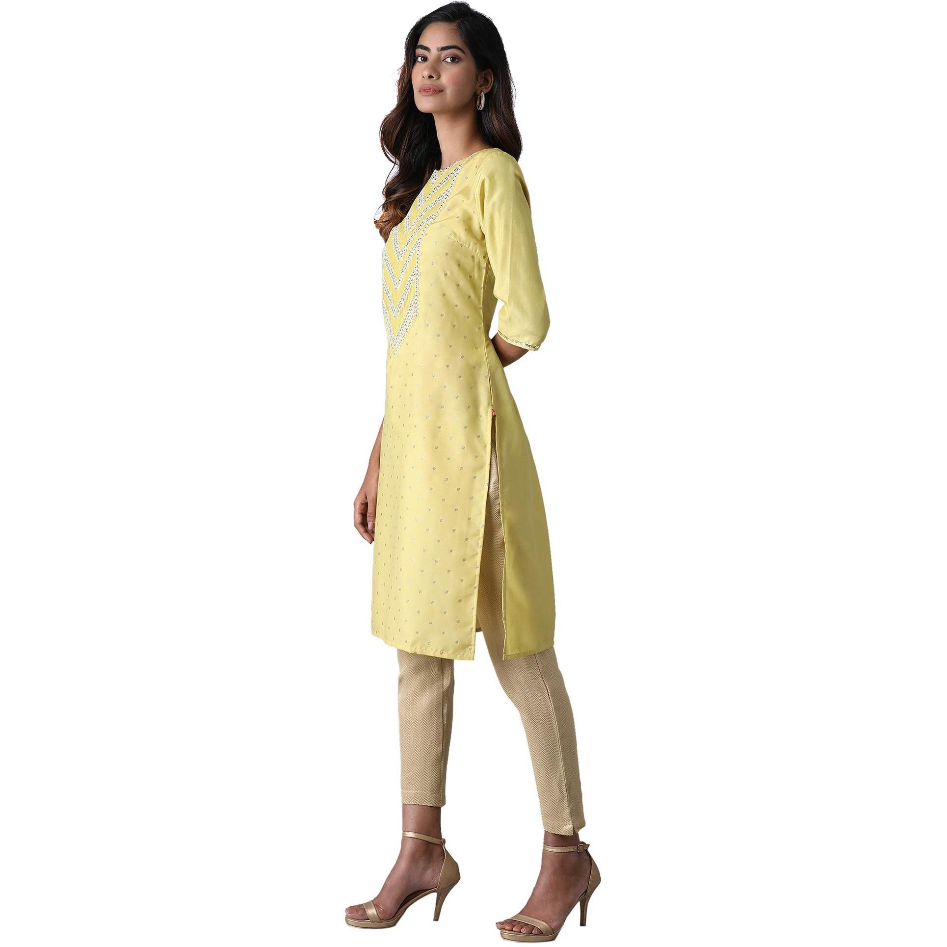 W For Woman Yellow Glitter Printed Kurta_20Auw14111-115578_2Xl