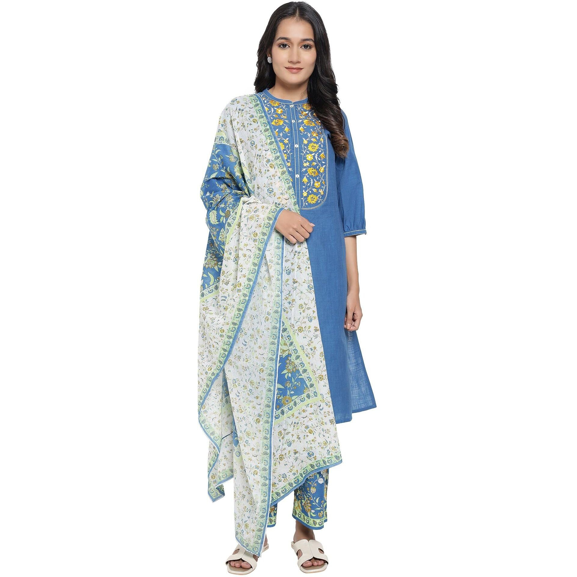 Aurelia Women's Cotton Kurta, Palazzo & Dupatta (21Auas12598-603053_Mid Blue_Xs)