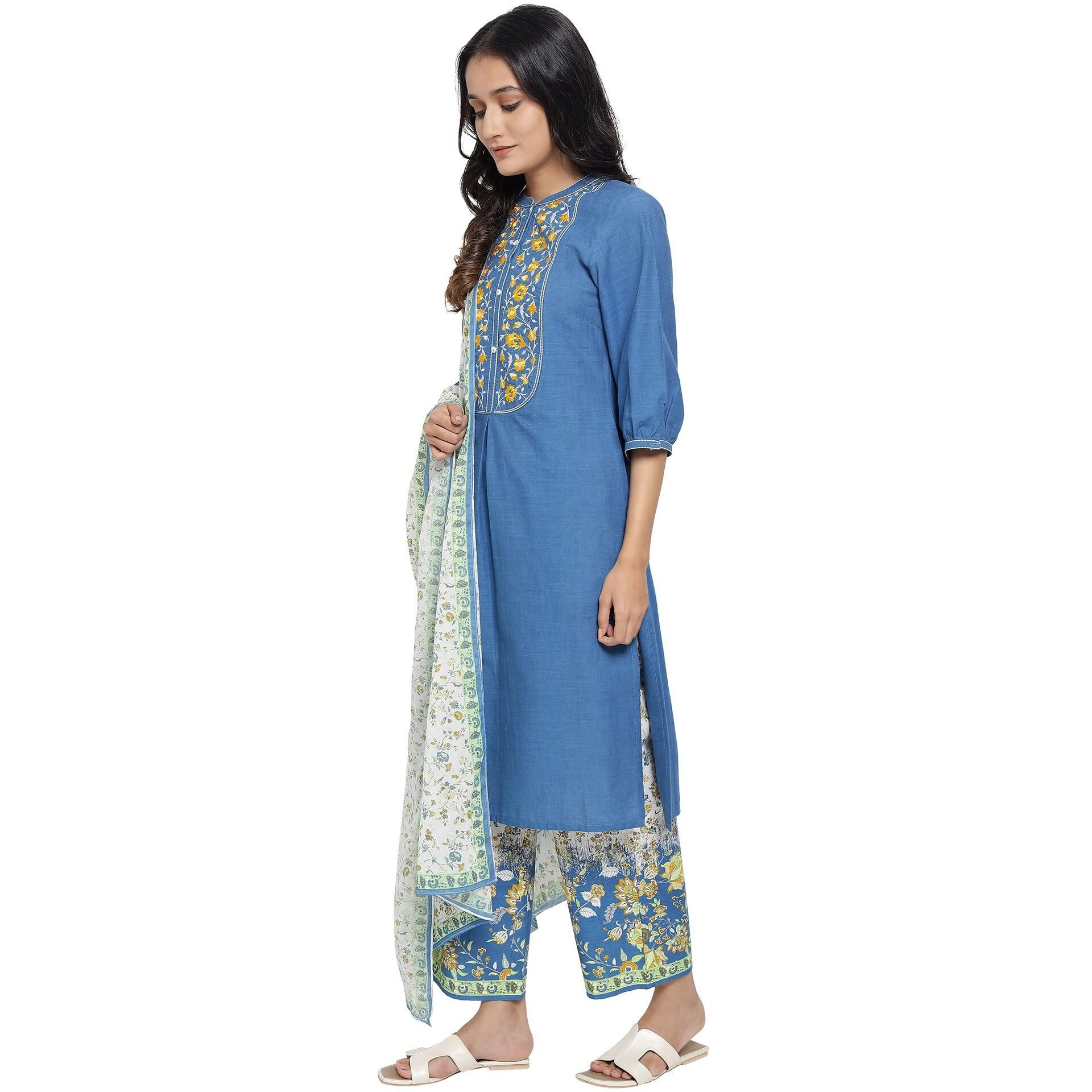 Aurelia Women's Cotton Kurta, Palazzo & Dupatta (21Auas12598-603053_Mid Blue_Xs)