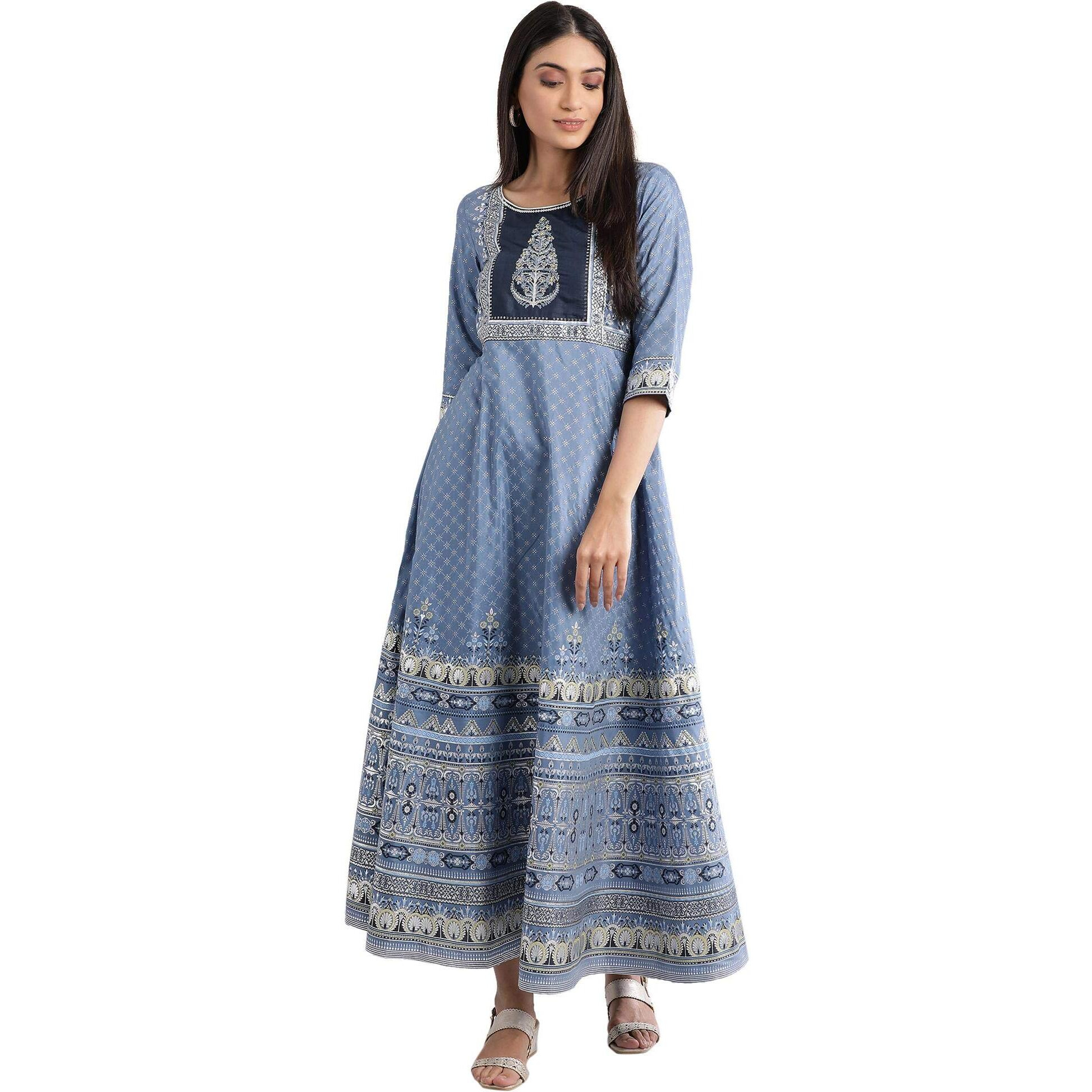 Aurelia Women's Polyester Blue Floral Flared Dress Below The Knee (20Aua11711-502336 Xs)