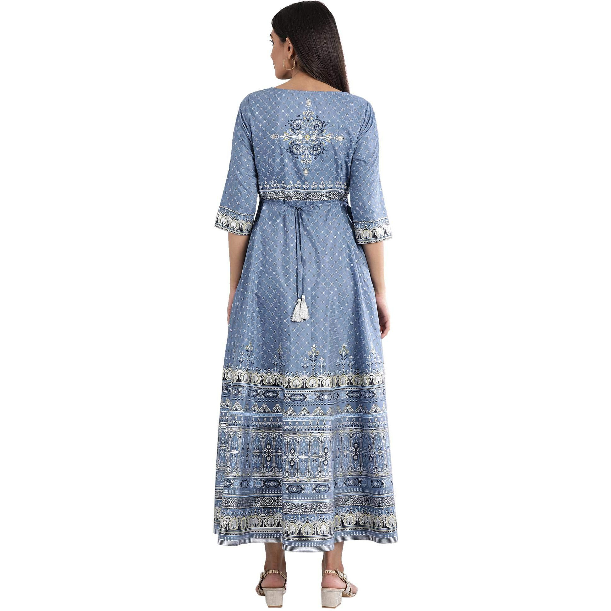 Aurelia Women's Polyester Blue Floral Flared Dress Below The Knee (20Aua11711-502336 Xs)