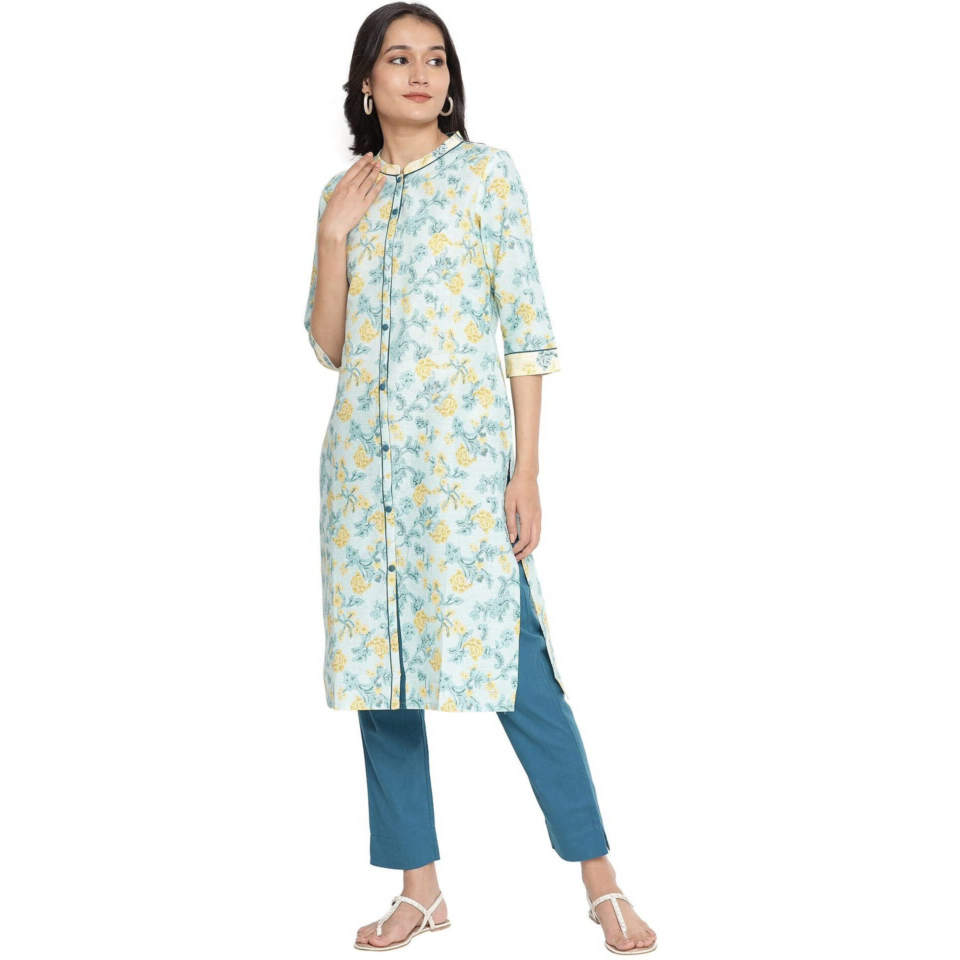 Aurelia Women's Viscose Floral Regular Kurta (21Aua12492-503541_Blue_M)