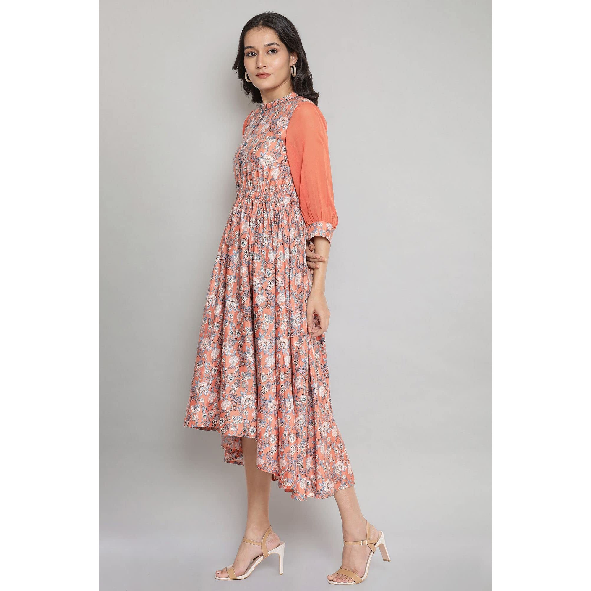 Aurelia Women's Polyester Peach Melba Floral High-Low Dress Below The Knee (21Aua12478-503536 S)
