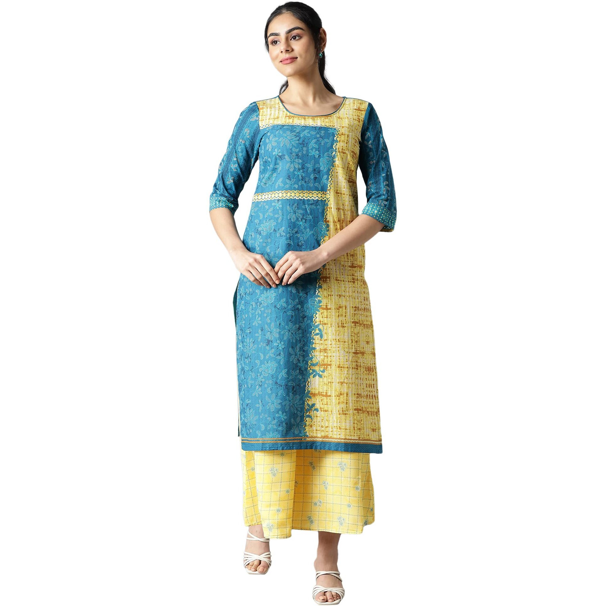 Aurelia Women's Blue Floral Printed Printed Cotton Regular Kurta