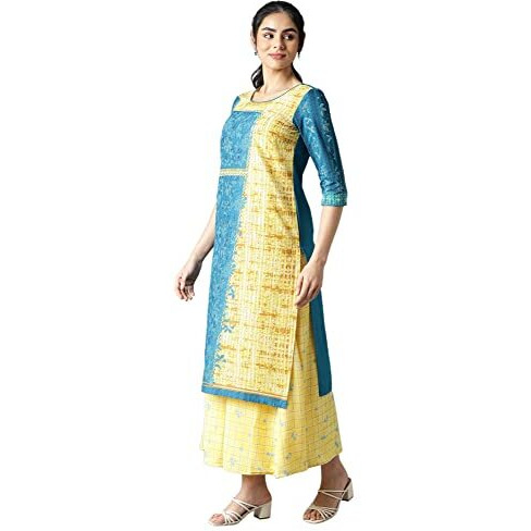 Aurelia Women's Blue Floral Printed Printed Cotton Regular Kurta