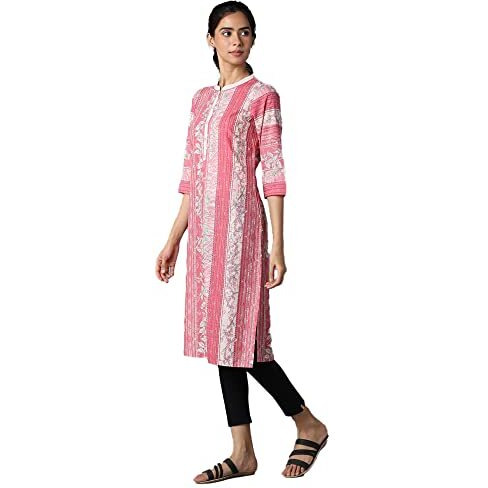 Aurelia Printed Cotton Mandarin Womens Casual Wear Kurta (Pink, Small)
