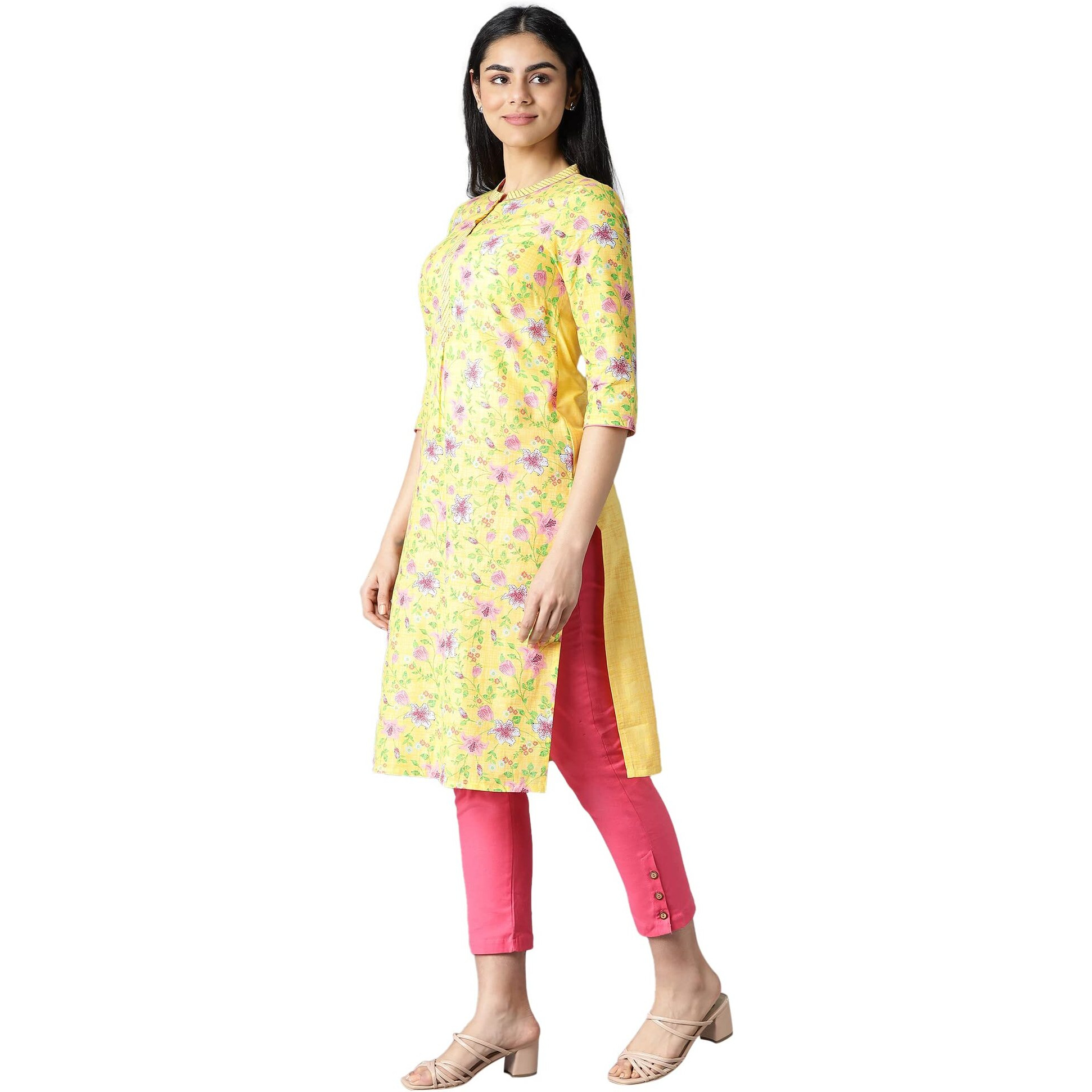 Aurelia Women's Cotton Printed Regular Kurta (21Aua12493-504365_Yellow_Xs)