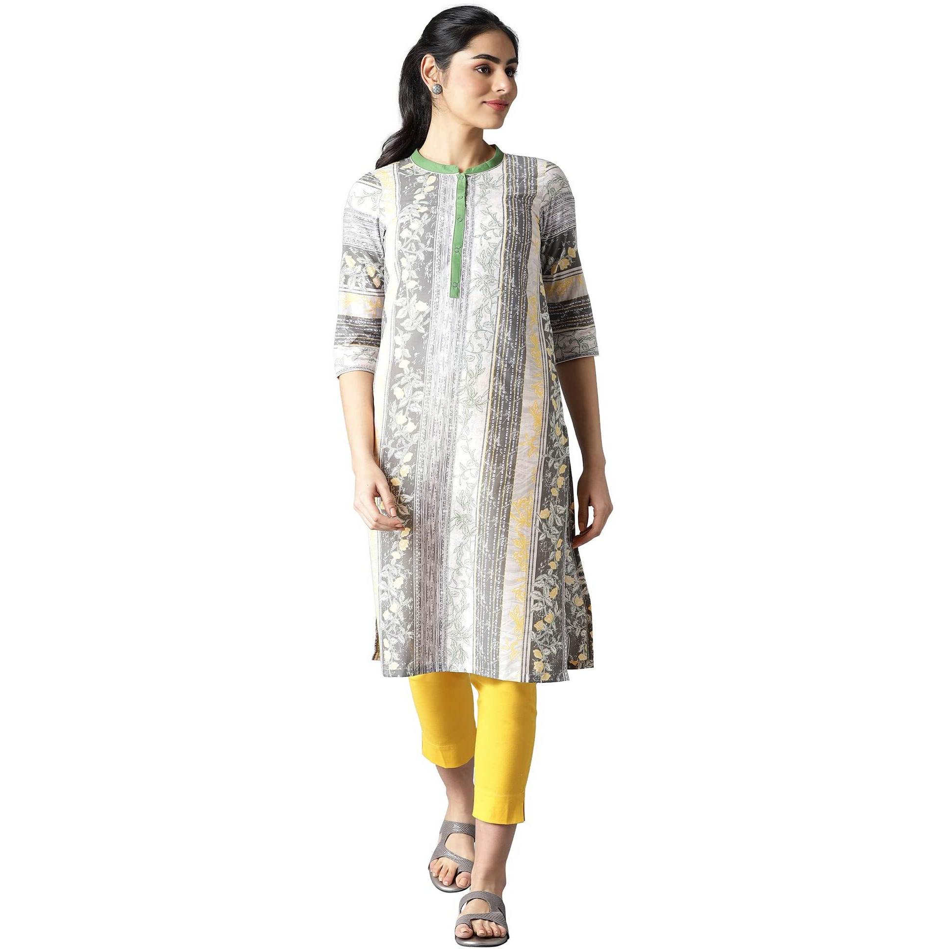 Aurelia Women's Cotton Printed Regular Kurta (21Aua12490-504368_Light Grey_Xs)
