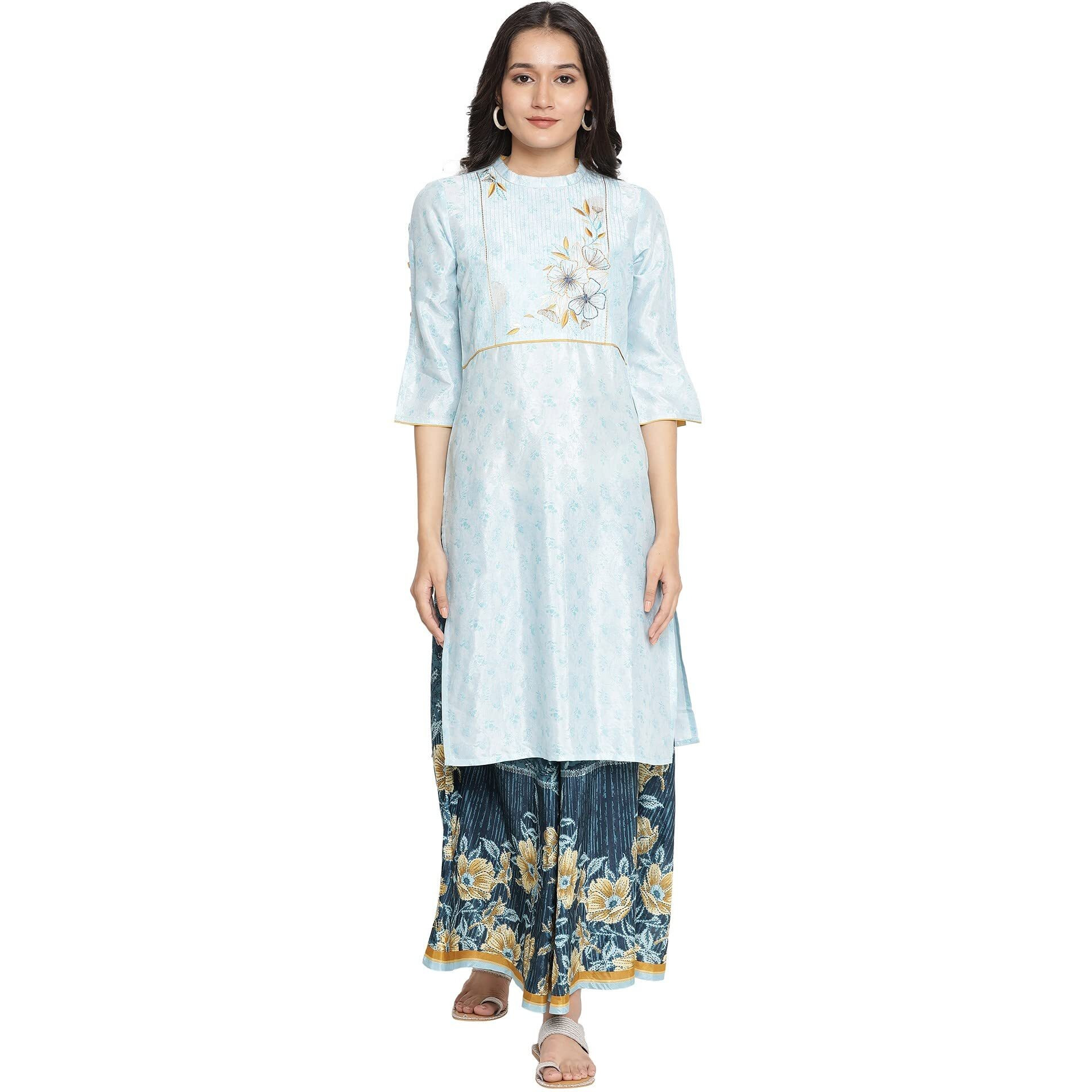 Aurelia Women's Polyester Floral Regular Kurta (21Aua12496-504363_Blue_S)