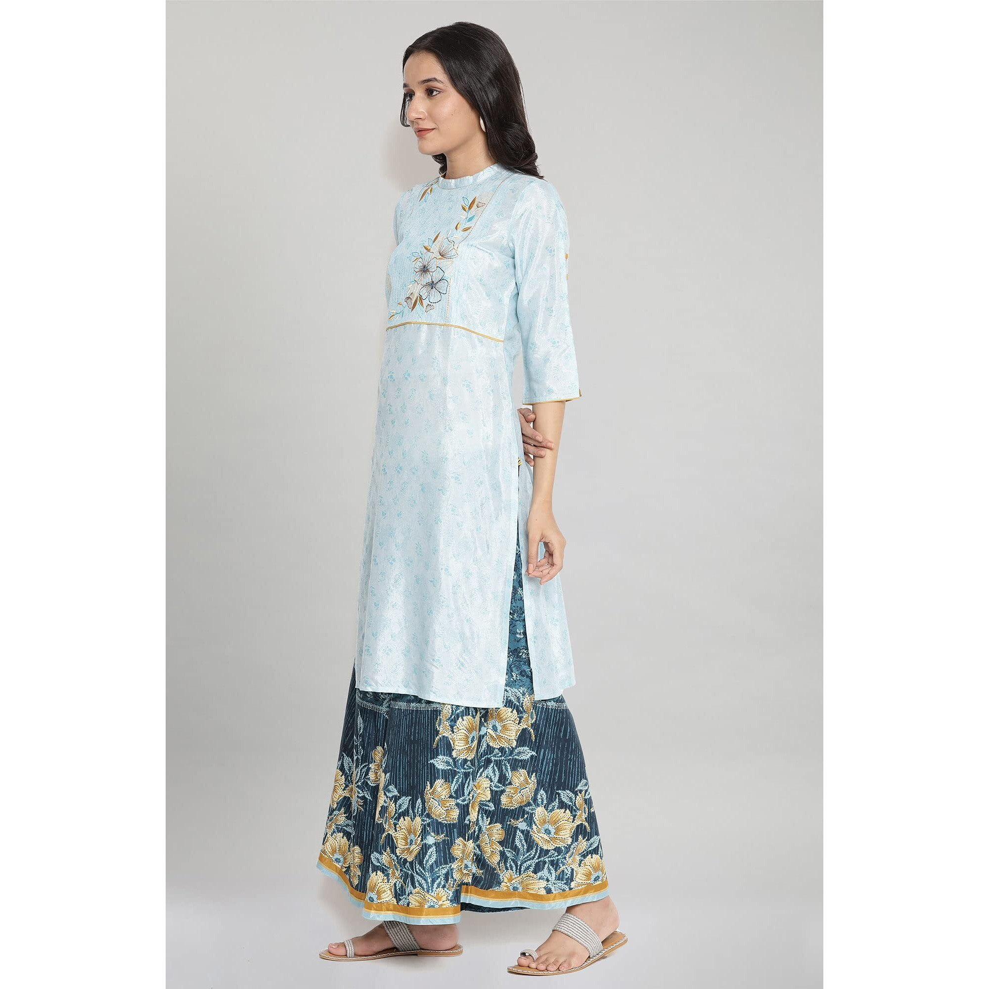Aurelia Women's Polyester Floral Regular Kurta (21Aua12496-504363_Blue_S)