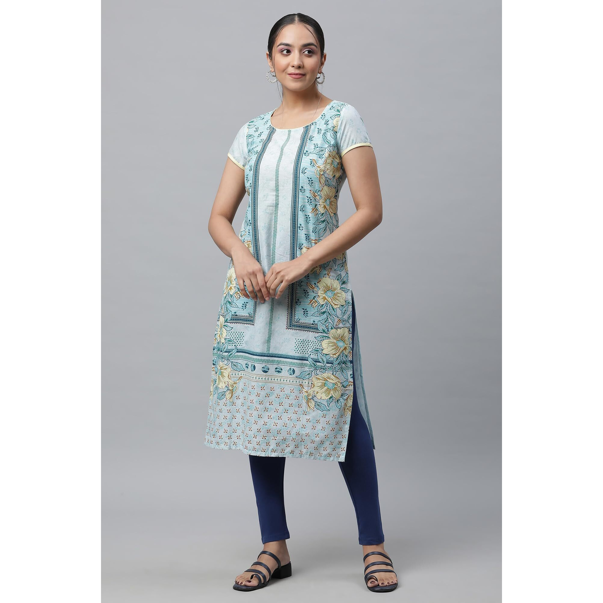 Aurelia Women's Cotton Floral Regular Kurta (21Aua12475-503574_Blue_S)