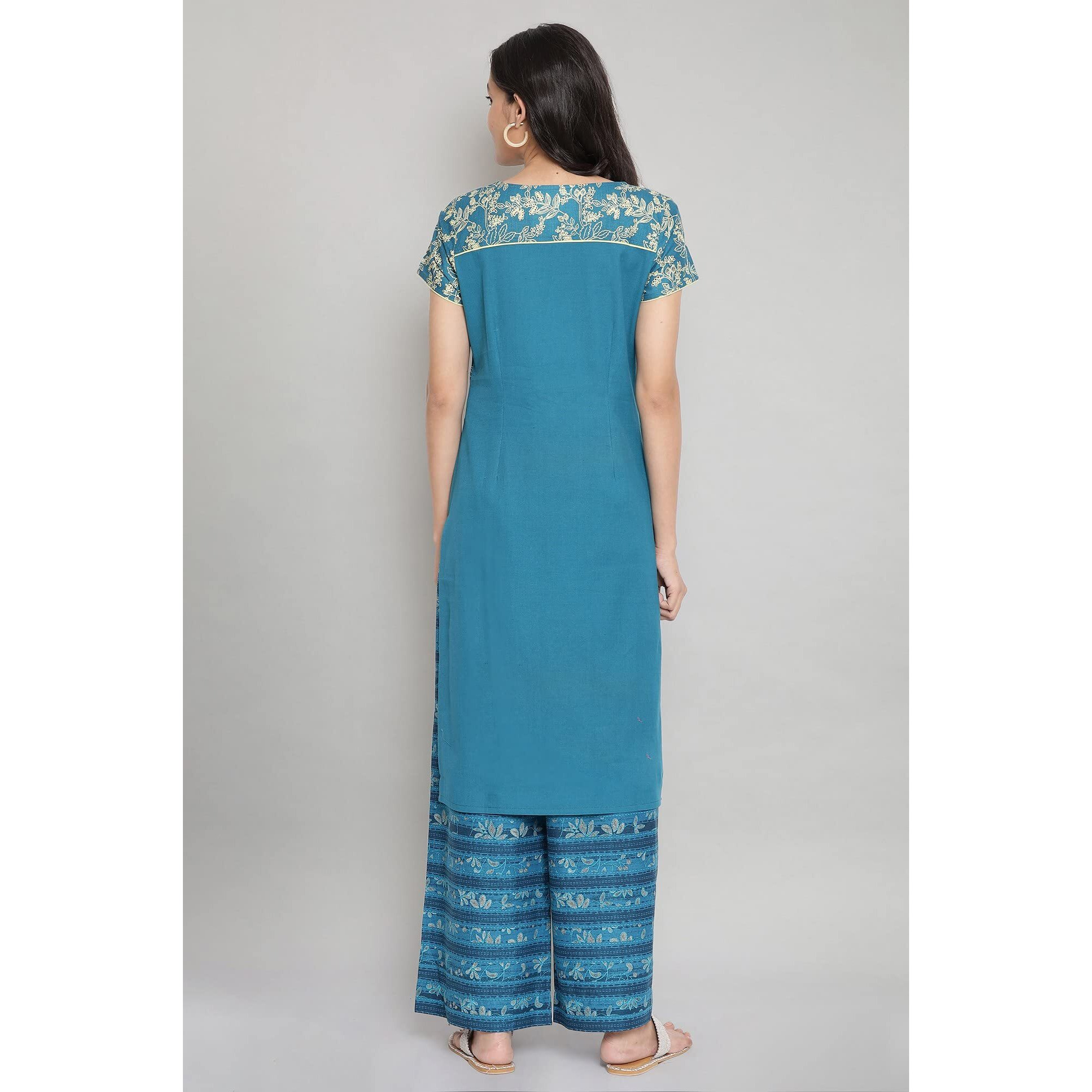 Aurelia Blue Floral Printed Printed Cotton Regular Kurta For Women