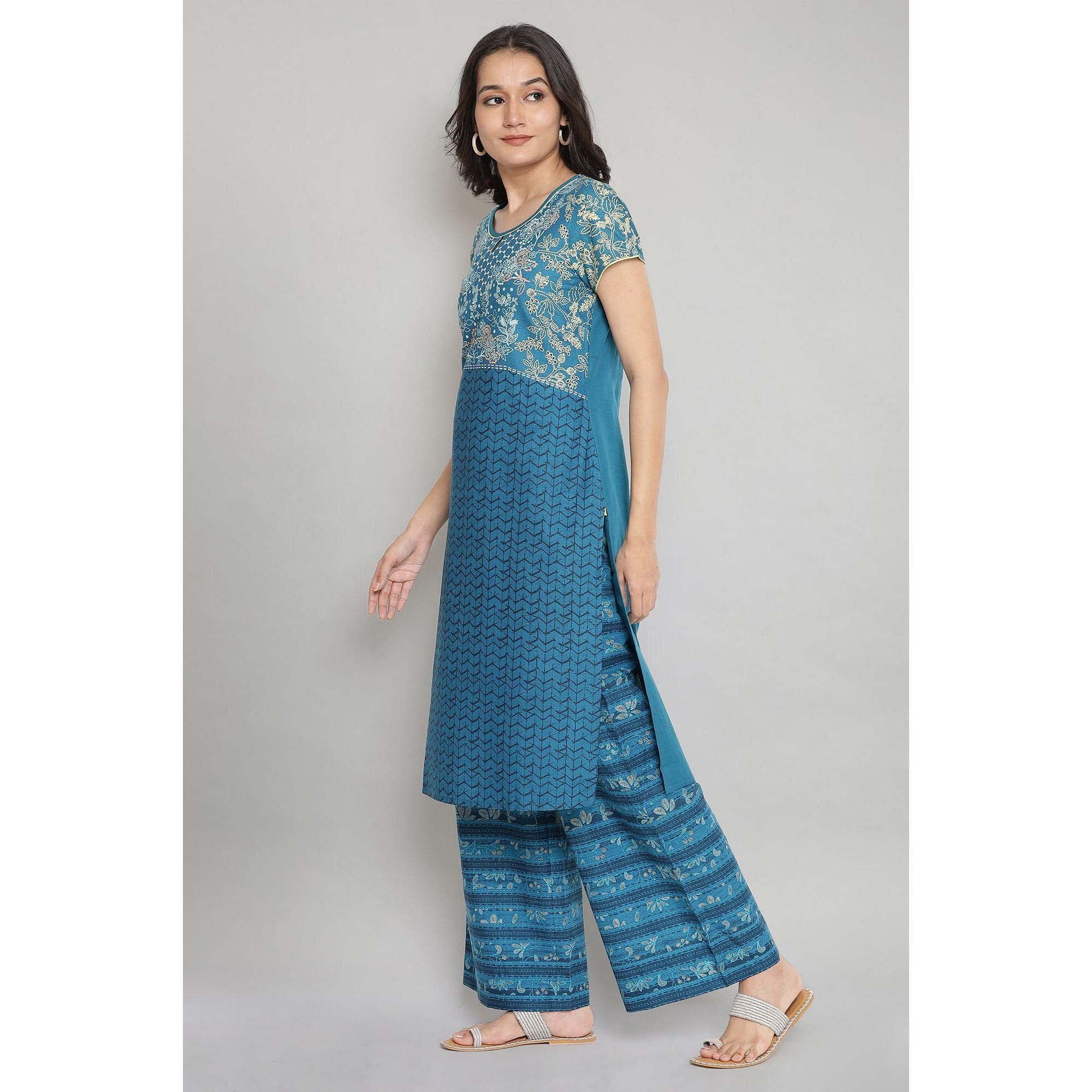 Aurelia Blue Floral Printed Printed Cotton Regular Kurta For Women