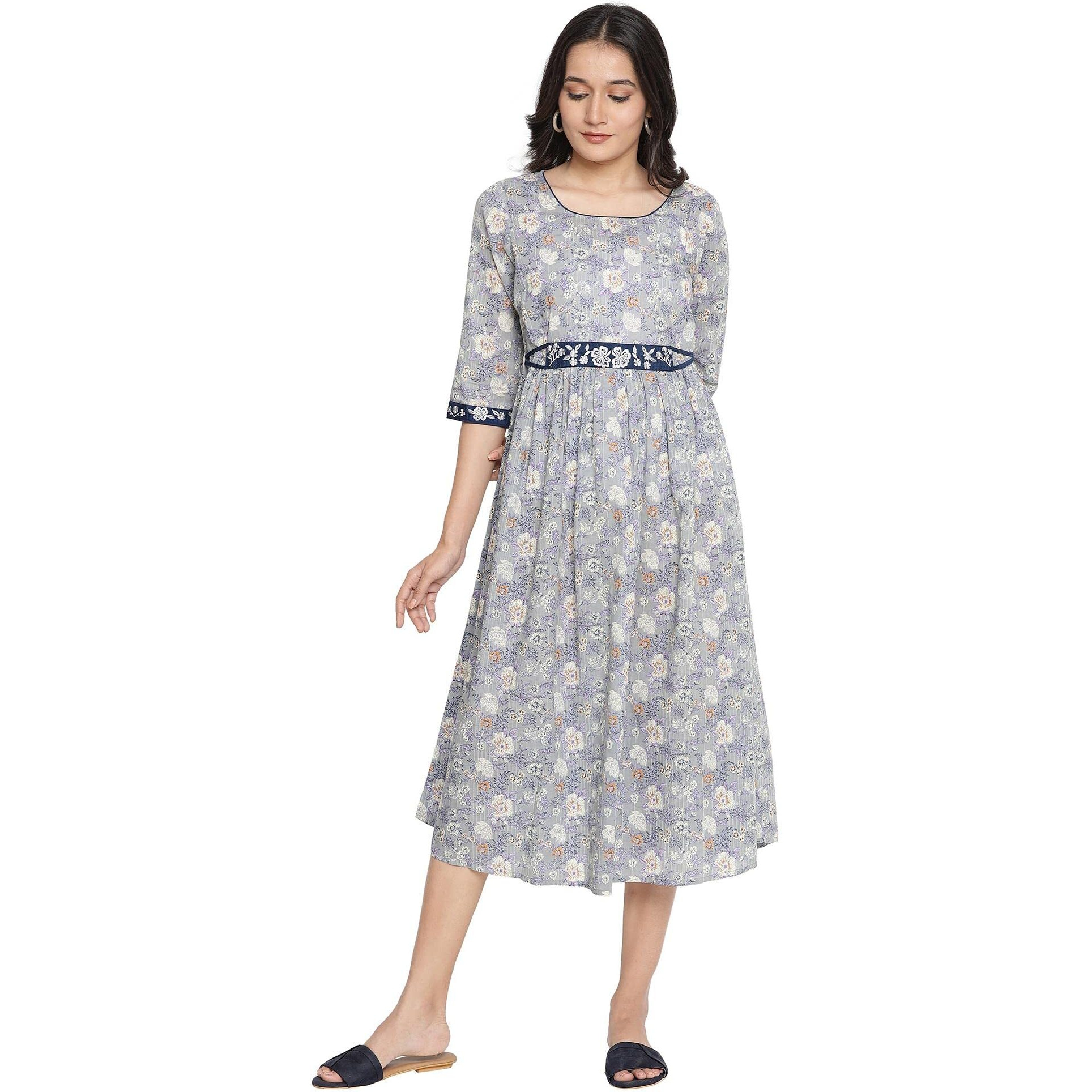 Aurelia Women's Stonewash Grey Cotton Gathered Dress