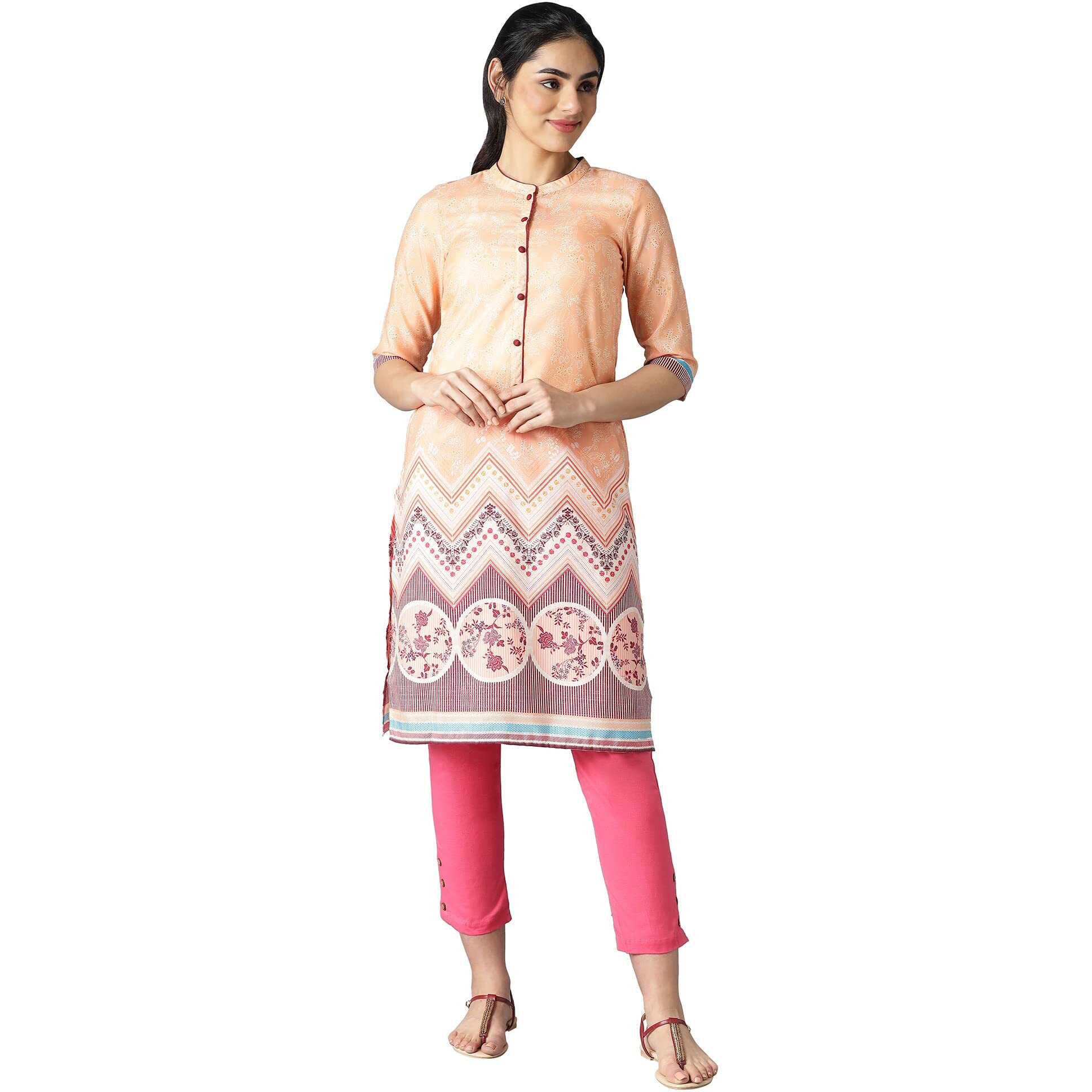 Aurelia Women's Polyester Printed Regular Kurta (21Aua12495-504369_Peach Bud_Xl)