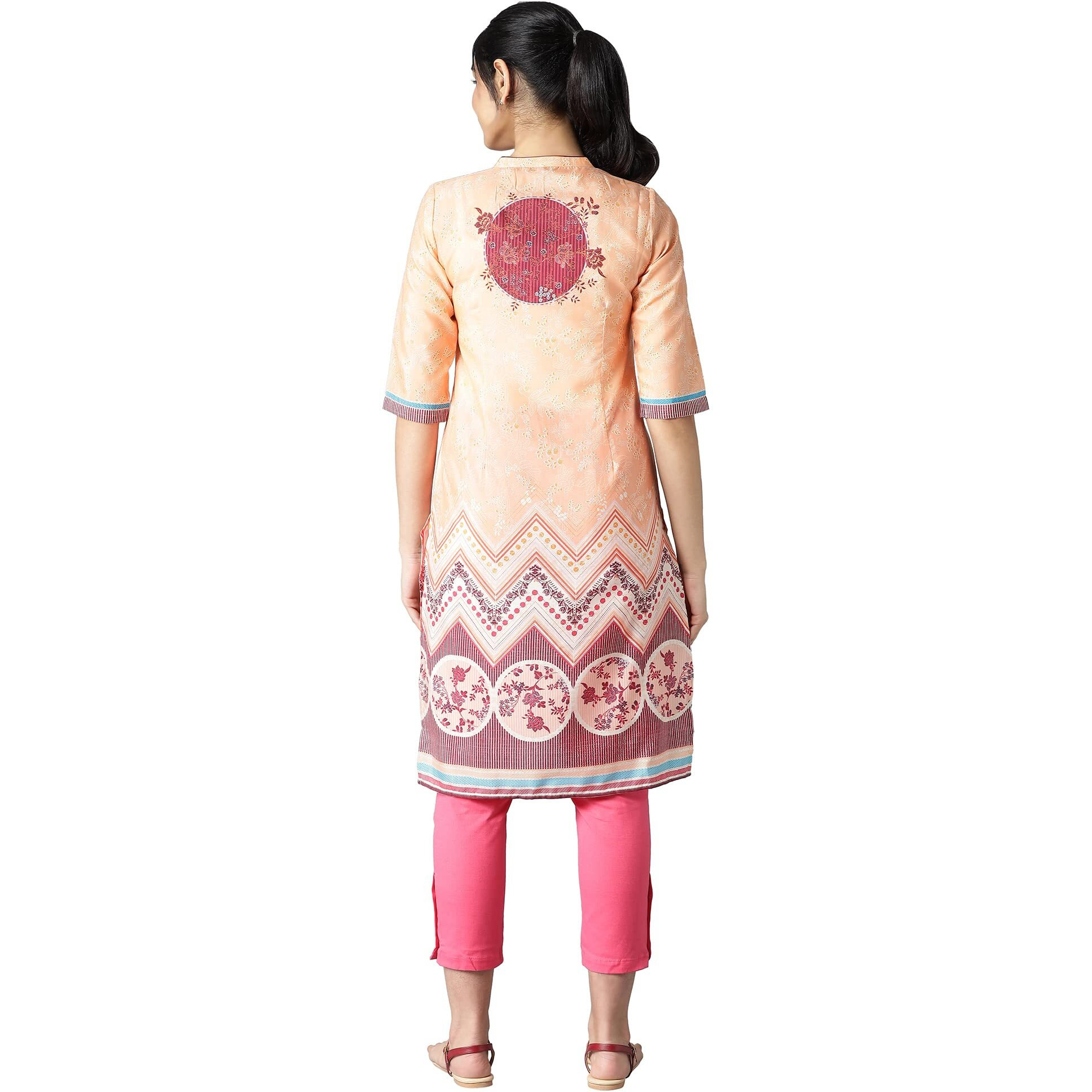 Aurelia Women's Polyester Printed Regular Kurta (21Aua12495-504369_Peach Bud_Xl)