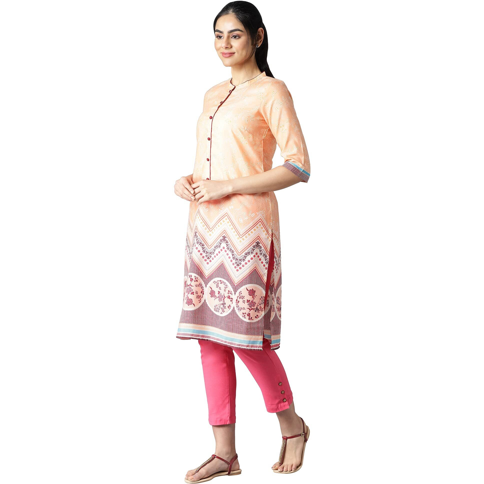 Aurelia Women's Polyester Printed Regular Kurta (21Aua12495-504369_Peach Bud_Xl)