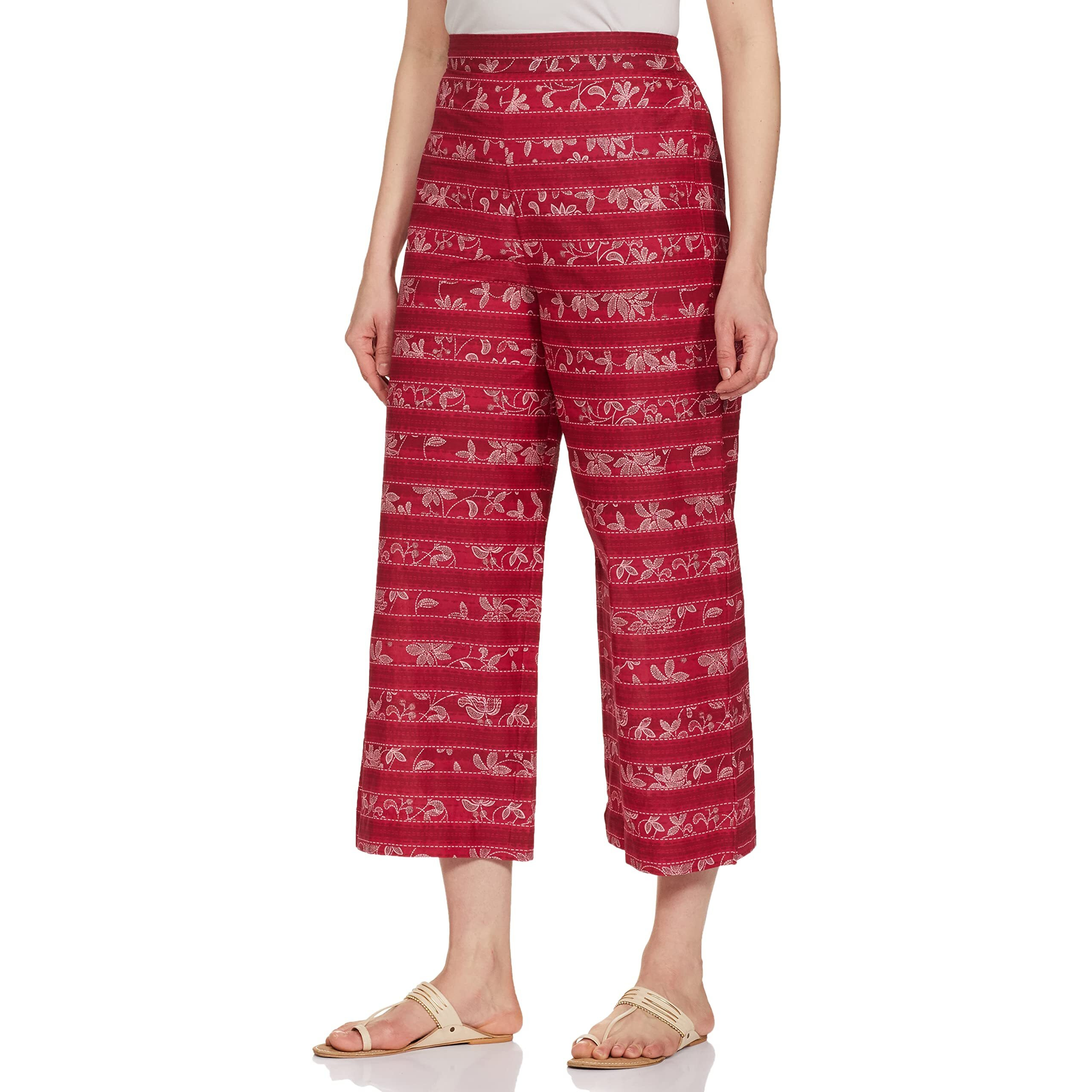 Aurelia Women's Floral Printed Cotton Red Palazzo Ethnic Bottomwear