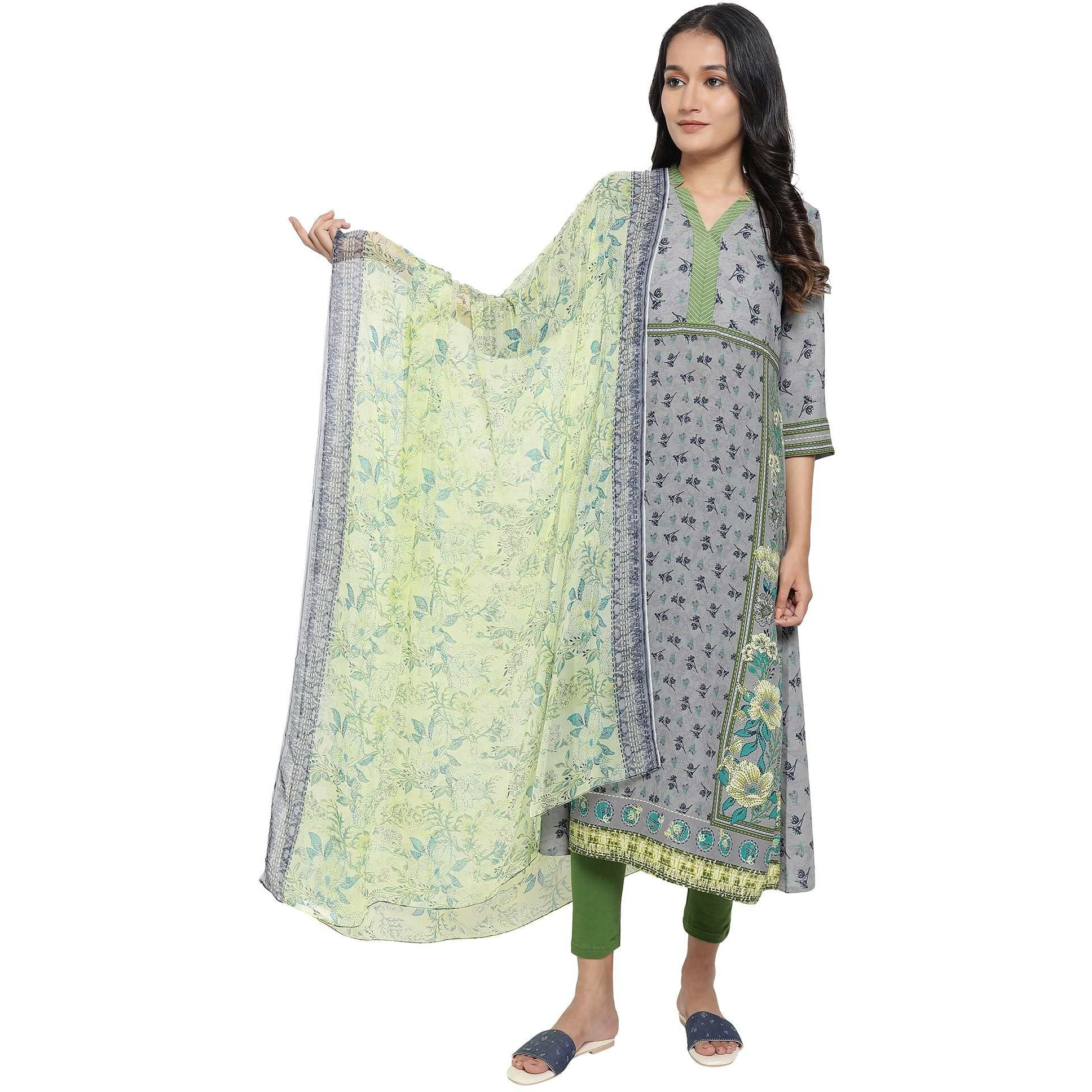 Aurelia Green Printed Chiffon Dupatta