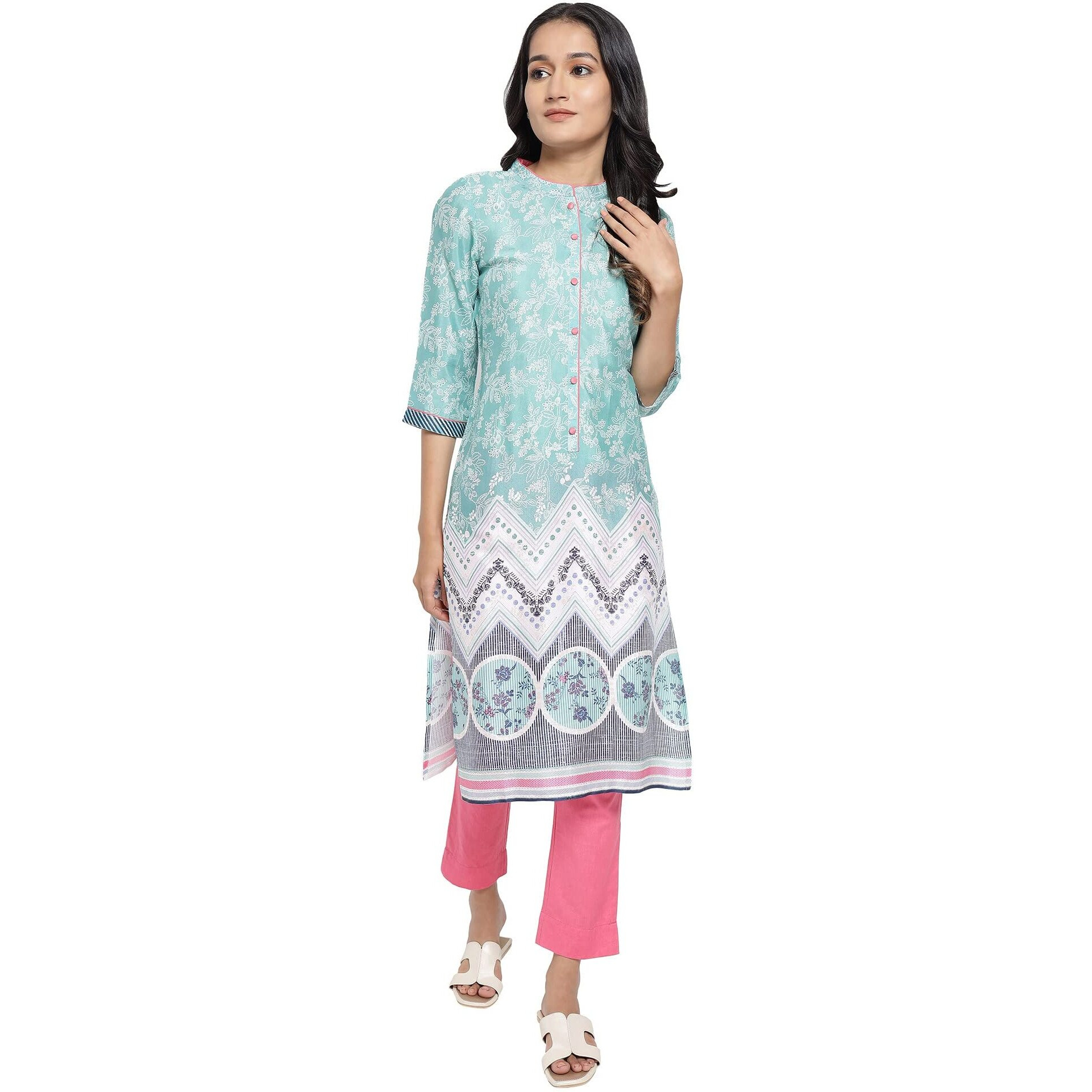 Aurelia Women's Polyester Floral Regular Kurta (21Aua12495-503559N_Ocean Wave_M)
