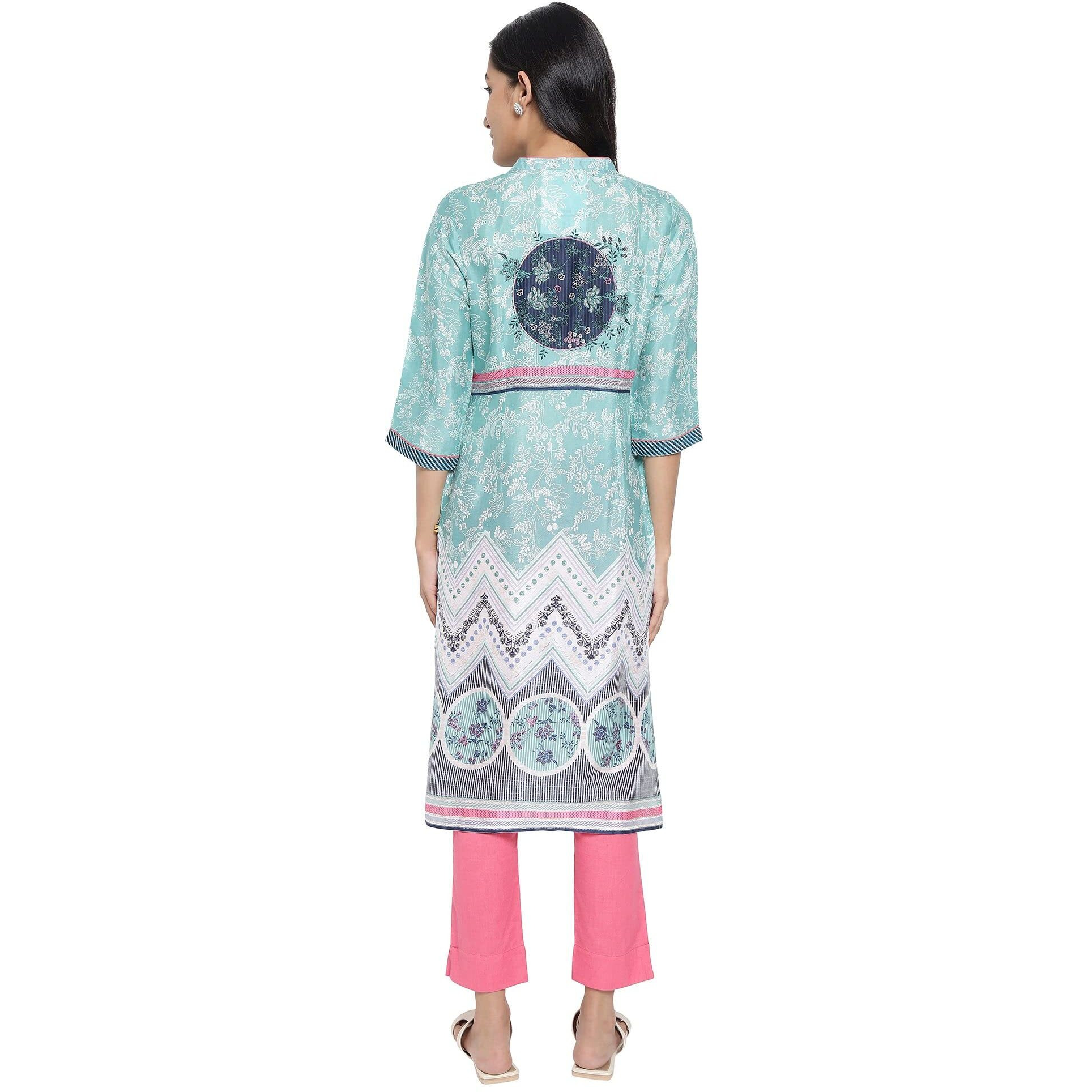 Aurelia Women's Polyester Floral Regular Kurta (21Aua12495-503559N_Ocean Wave_M)