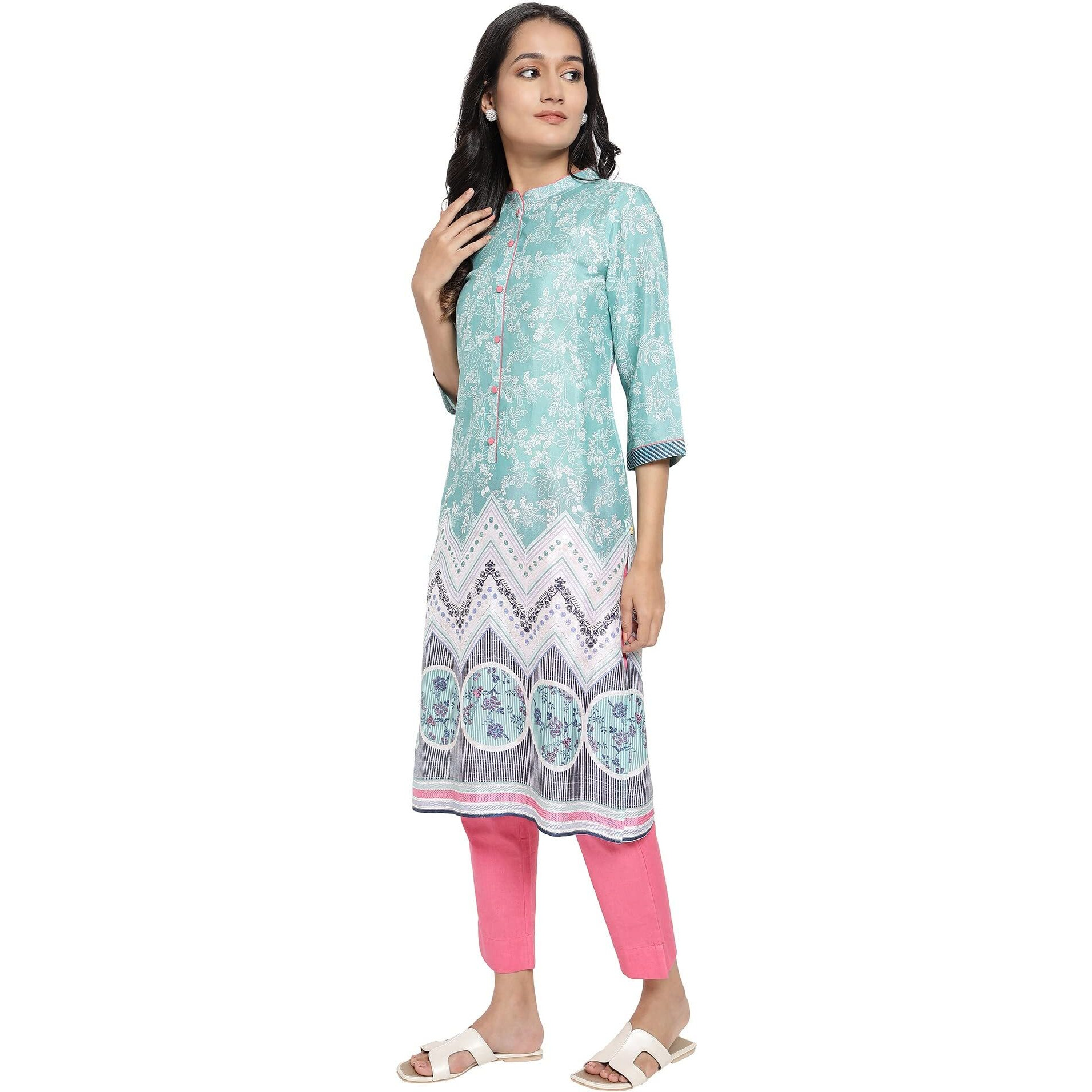 Aurelia Women's Polyester Floral Regular Kurta (21Aua12495-503559N_Ocean Wave_M)