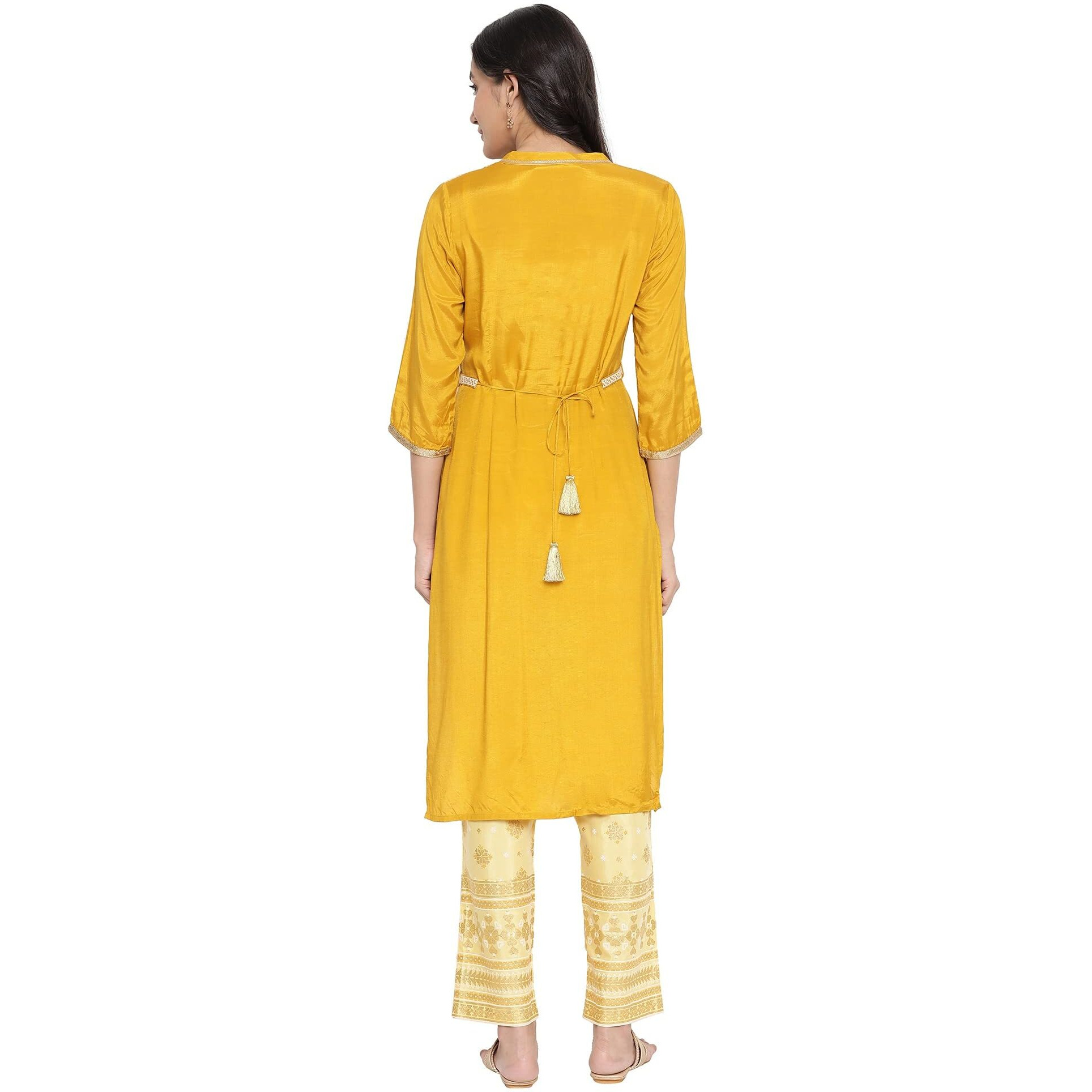 Aurelia Women's Viscose Regular Kurta (21Aua12513-503814_Golden Yellow_L)