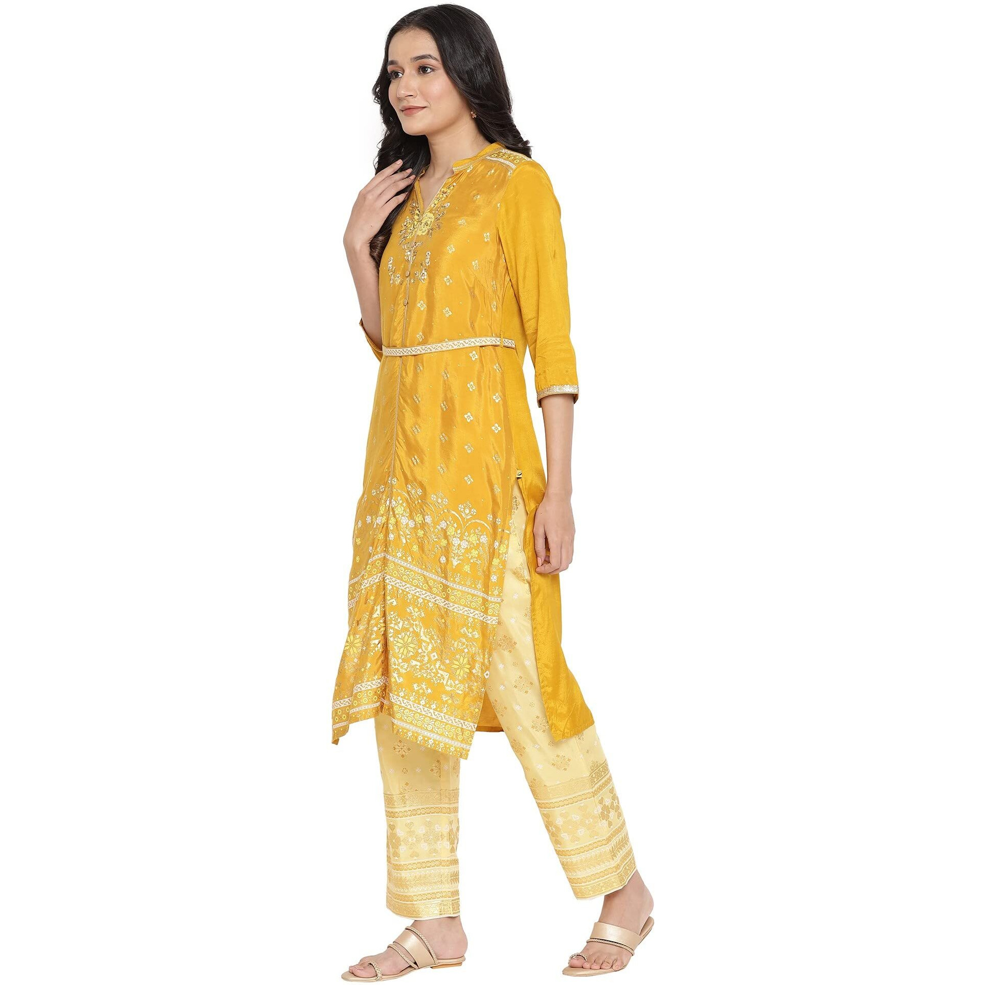 Aurelia Women's Viscose Regular Kurta (21Aua12513-503814_Golden Yellow_L)