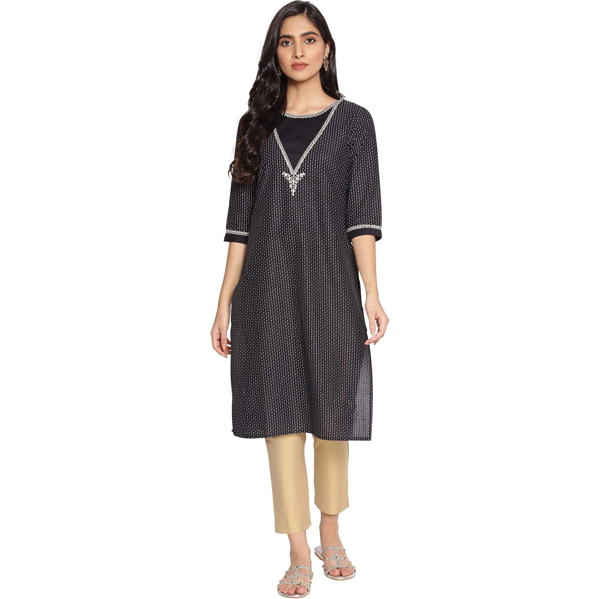 W For Woman Black Mock Neck Straight Kurta_21Auw16543-116839_S