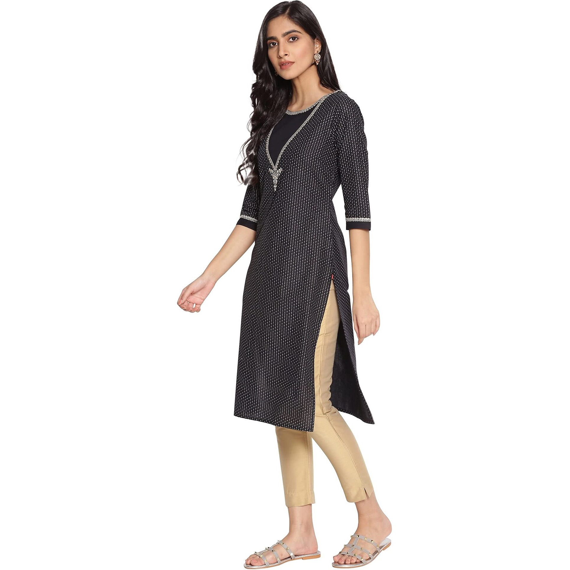 W For Woman Black Mock Neck Straight Kurta_21Auw16543-116839_S