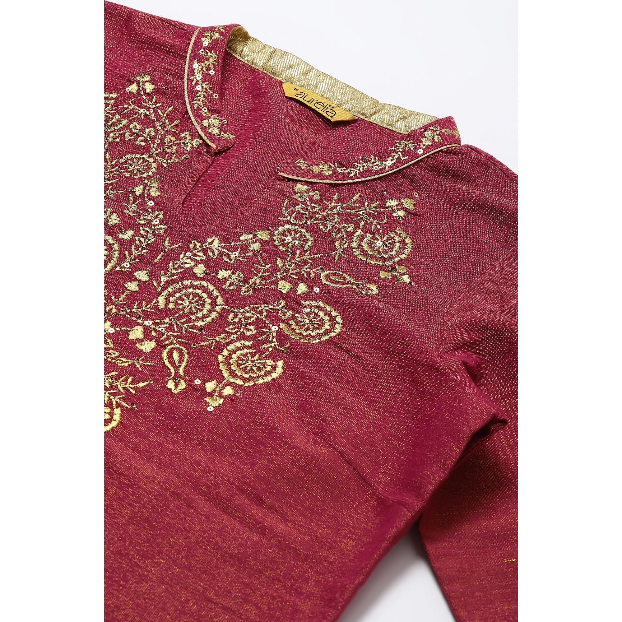 Aurelia Women's Purple Yarn-Dyed Straight Kurta-Palazzos-Dupatta Set
