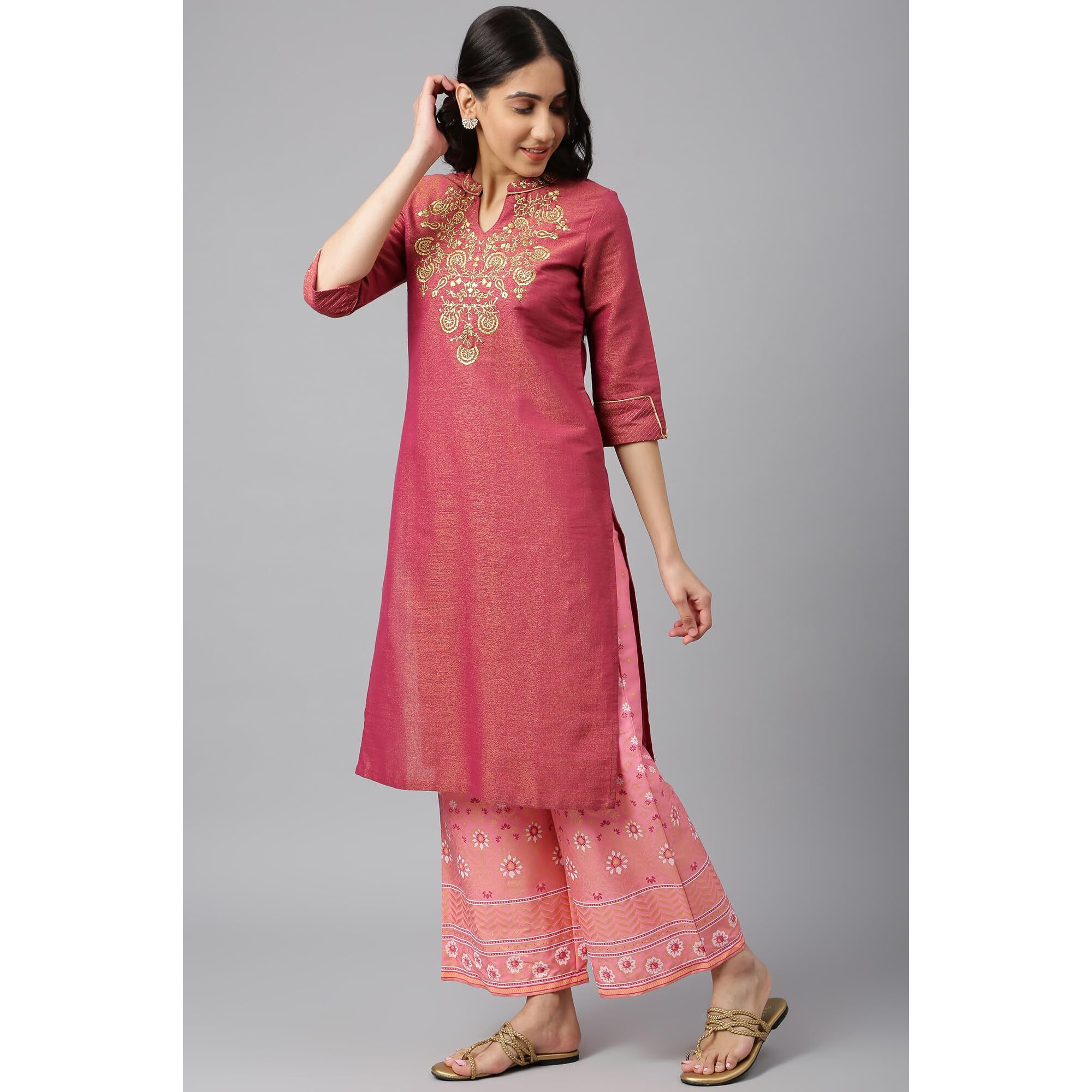 Aurelia Women's Purple Yarn-Dyed Straight Kurta-Palazzos-Dupatta Set